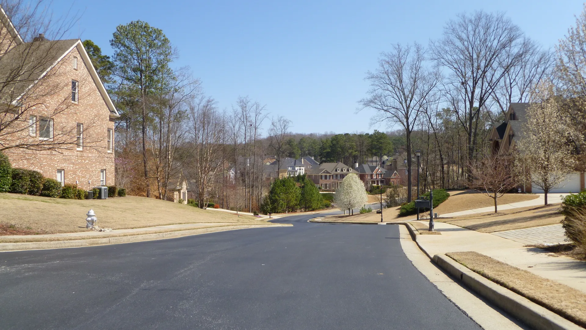 Quiet suburban street with houses, leafless trees, and clear blue sky on a sunny day