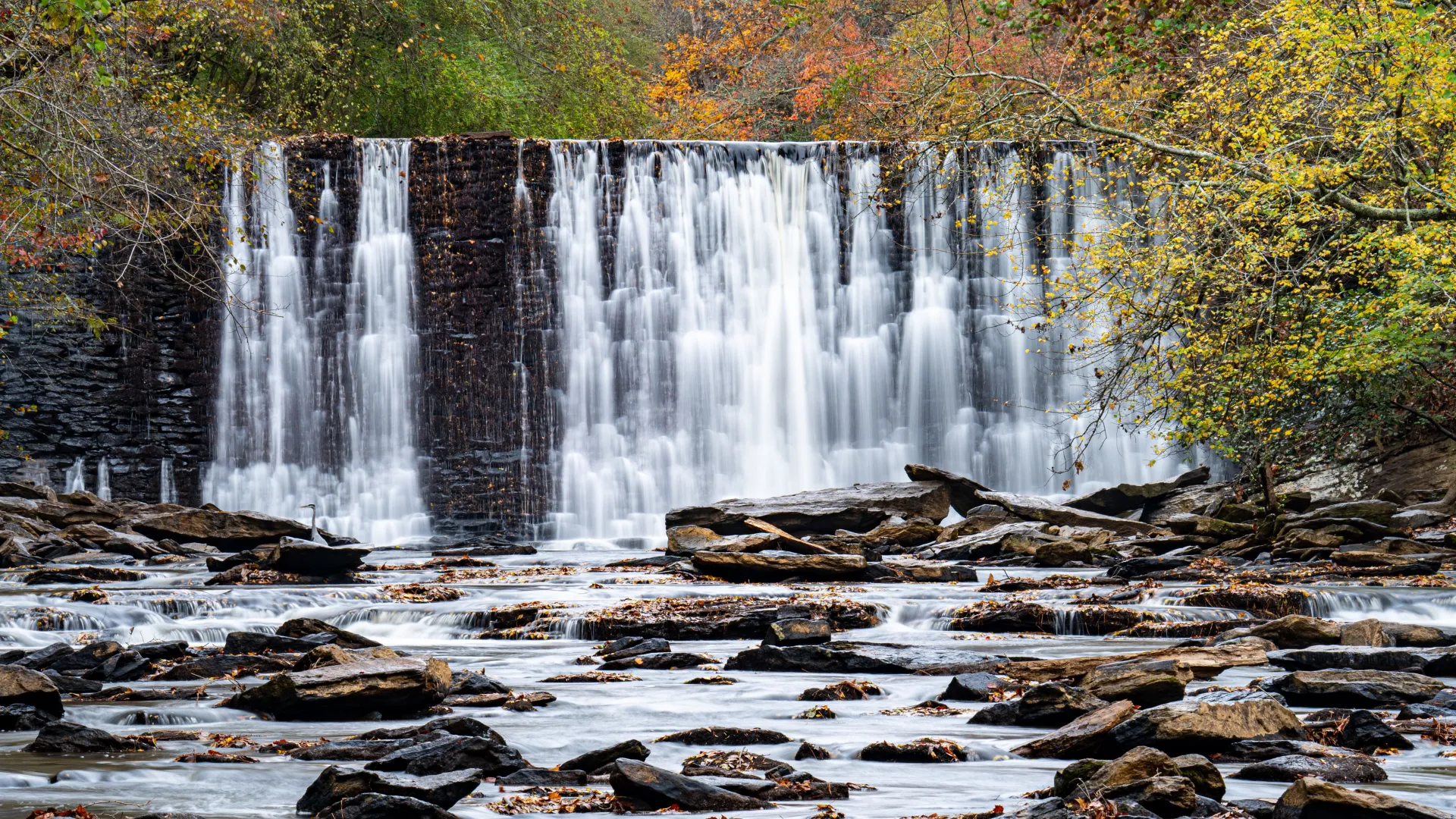 Wide waterfall cascading over rocky ledge surrounded by autumn trees with colorful fall foliage.