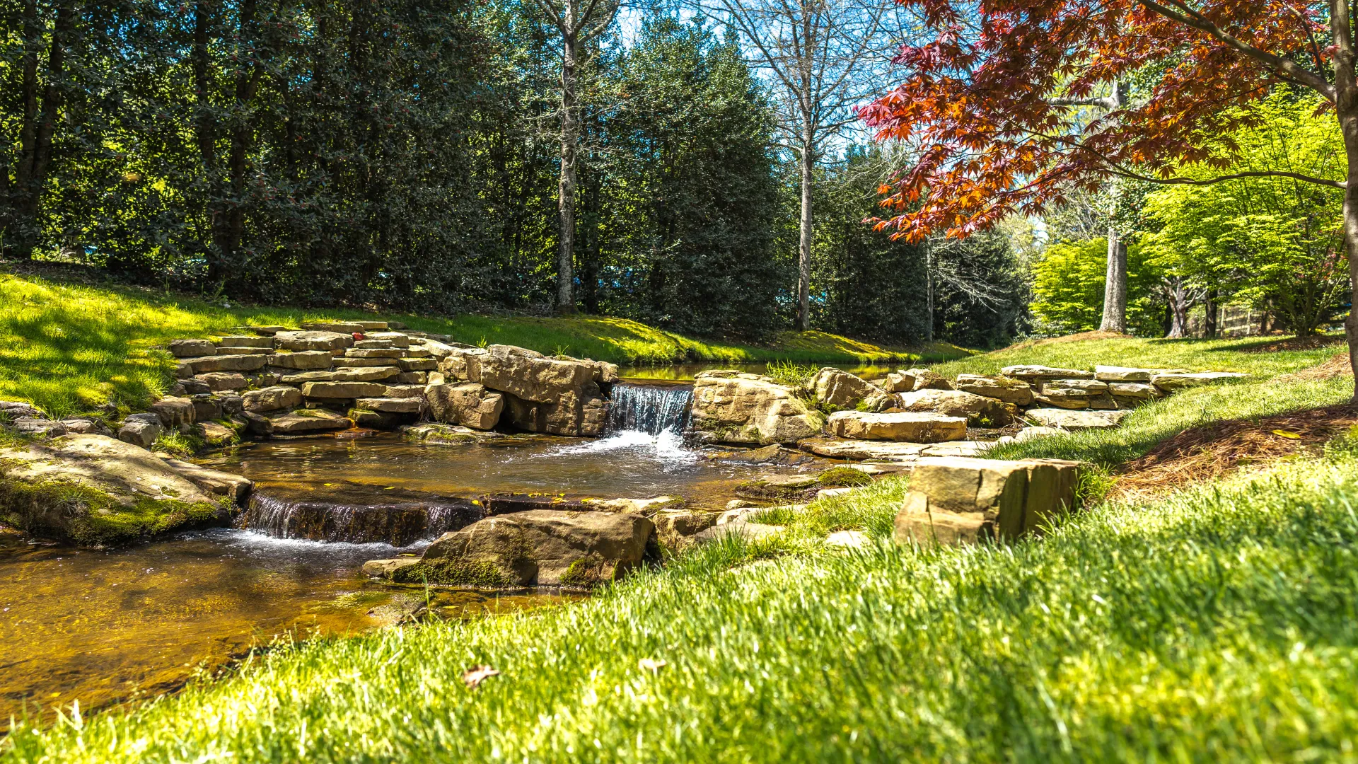 Sunlit park with a small waterfall flowing over rocks, surrounded by green grass and trees with red and green leaves.
