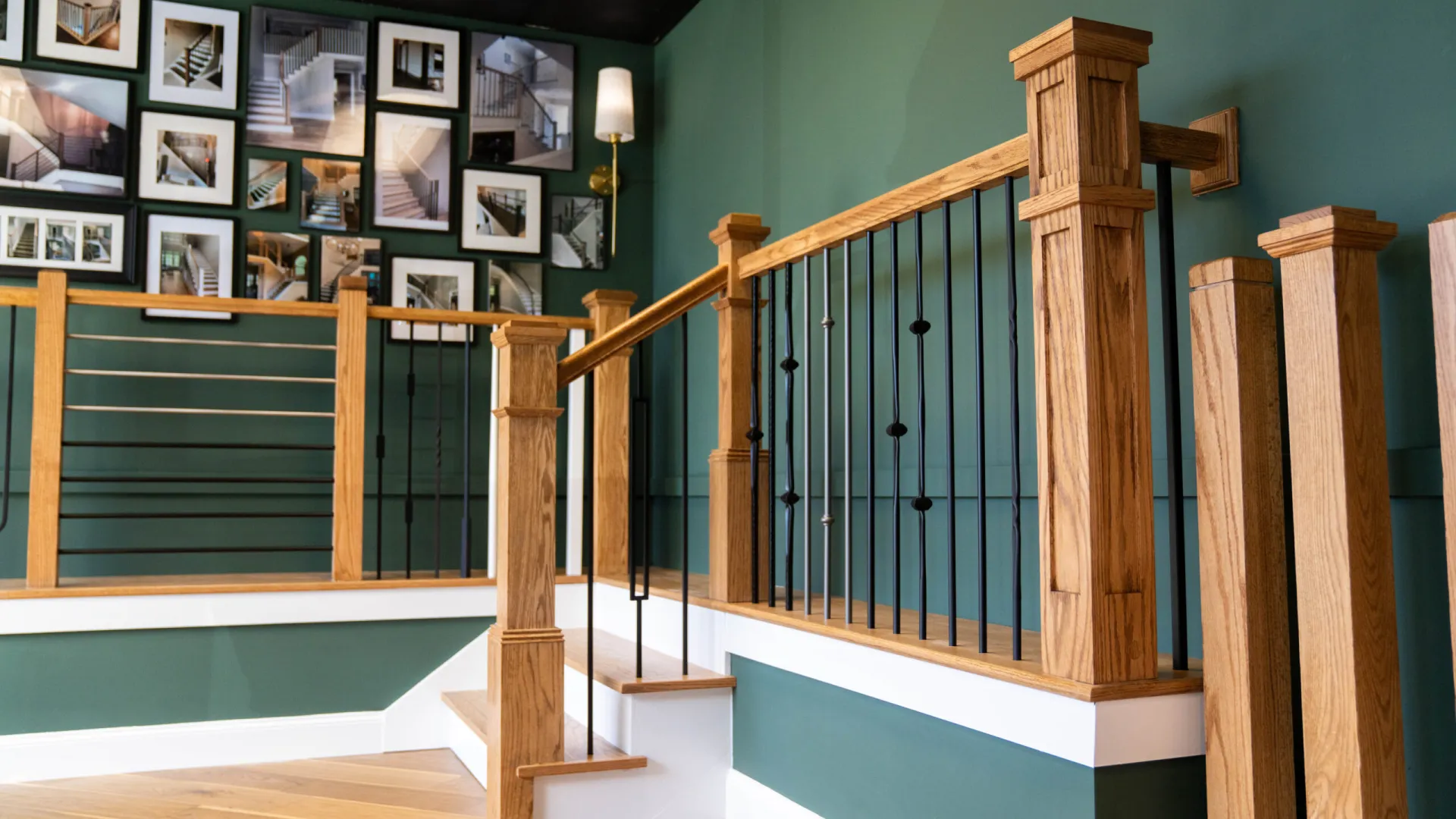 Detailed wooden stair railing with black metal spindles against green walls and framed staircase photos.