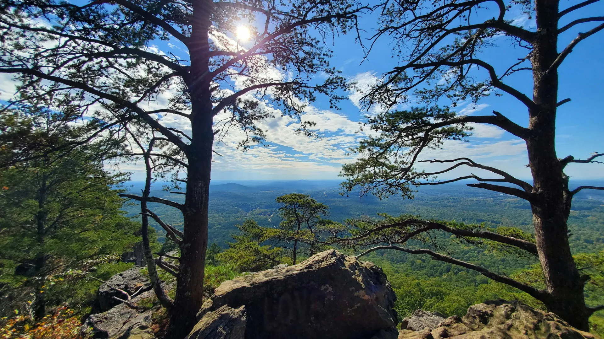 Sunlit rocky overlook framed by tall trees with expansive forest and blue sky in the background.