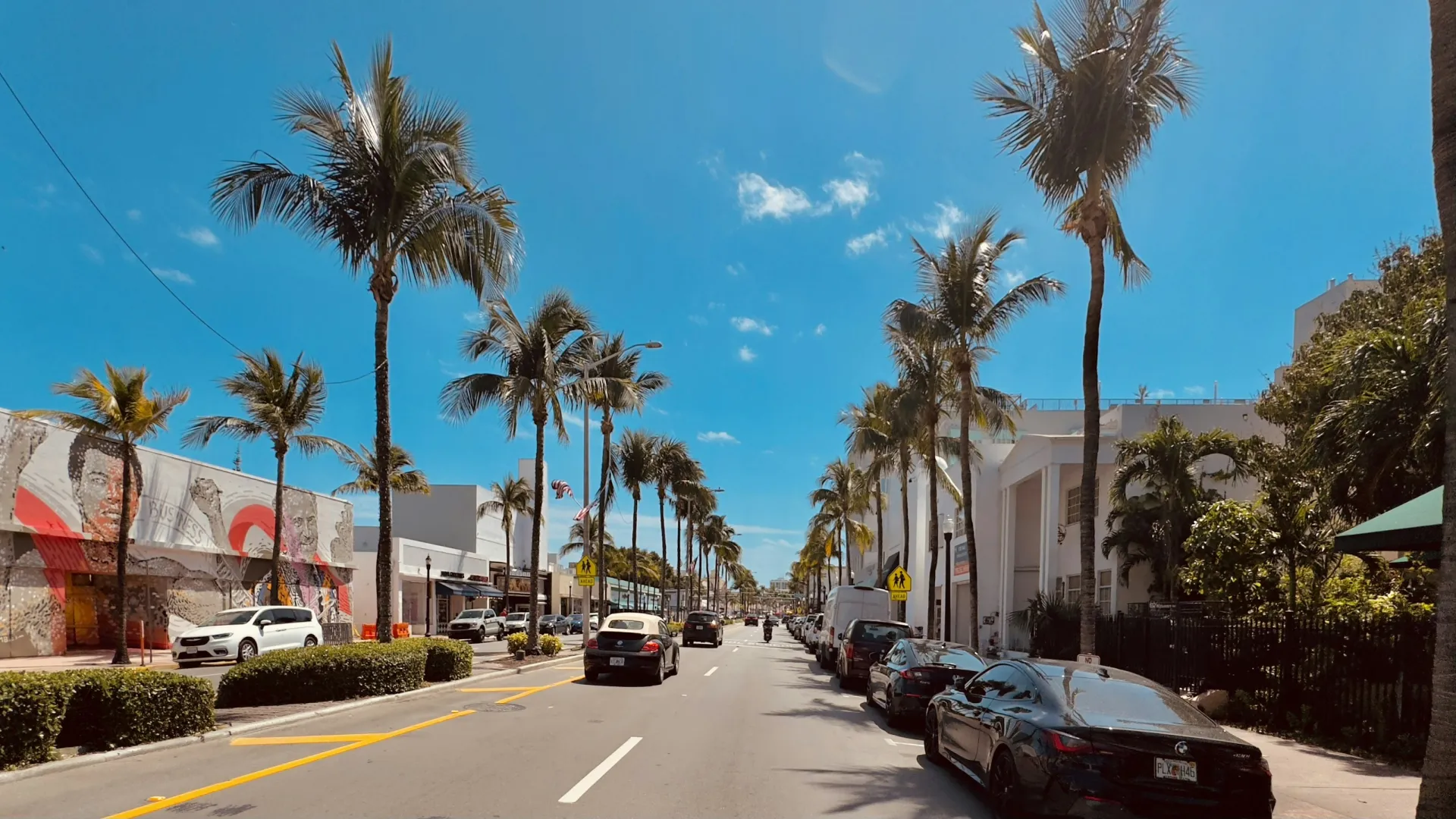 Sunny urban street lined with palm trees, parked cars, murals on buildings, and bright blue skies overhead.
