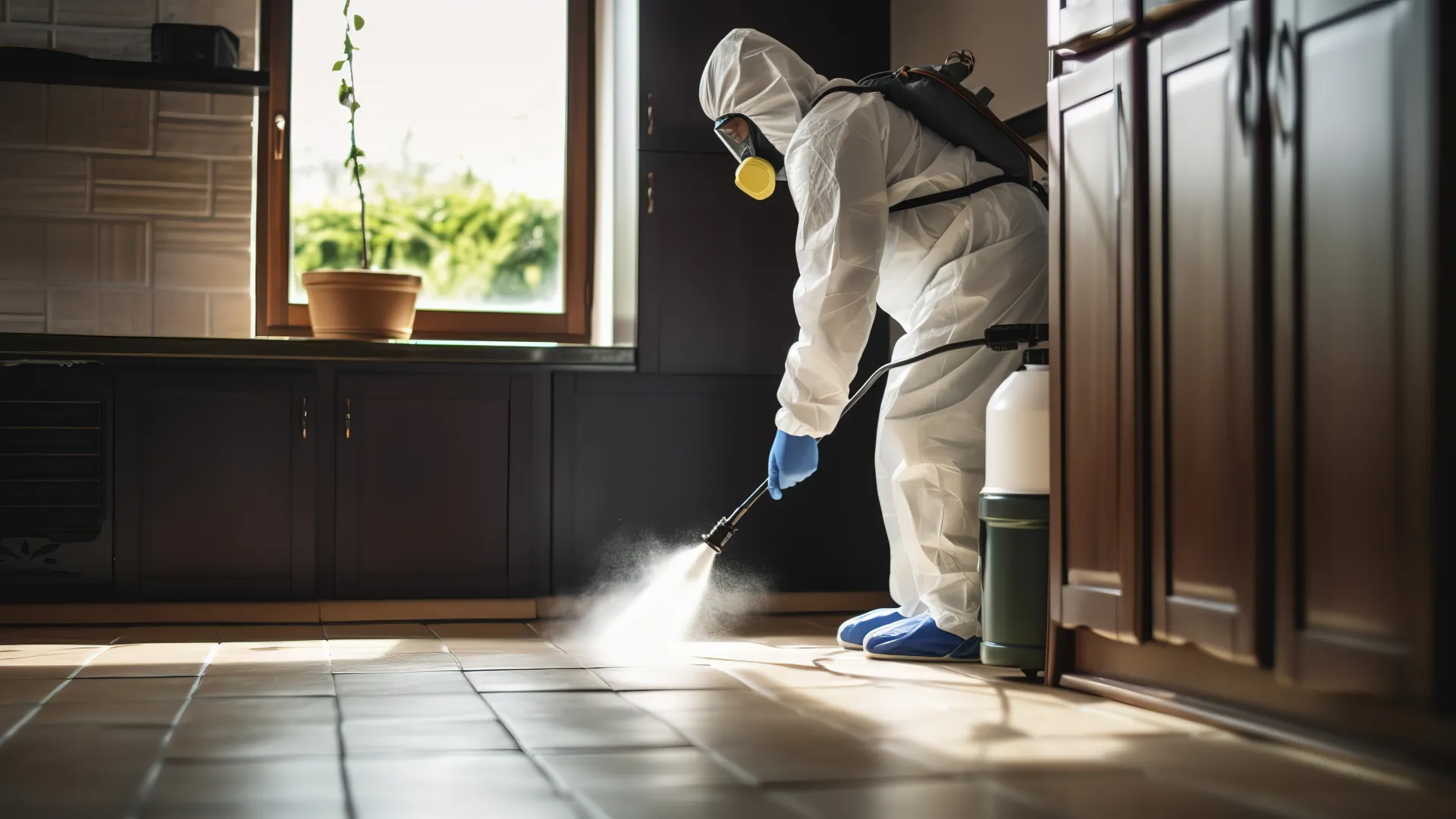 a person in a white suit spraying water