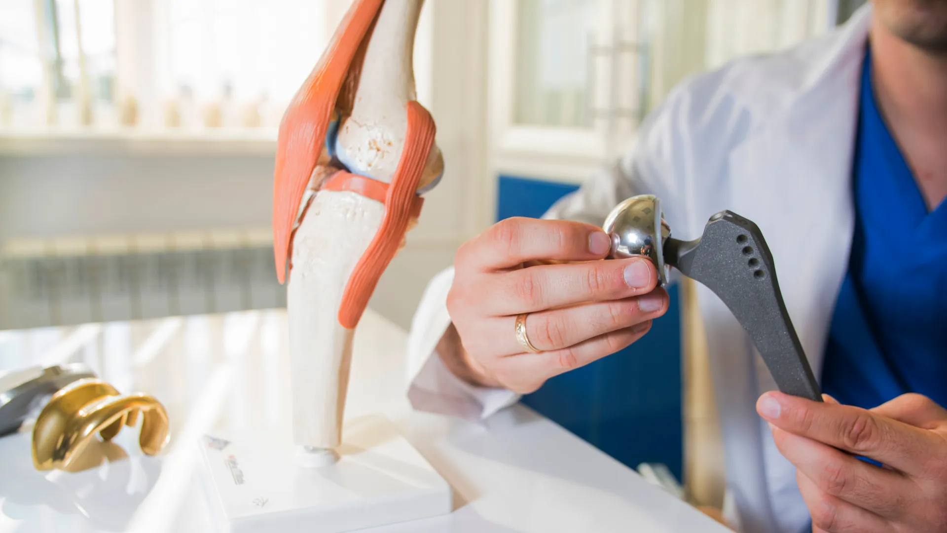 Doctor demonstrating a hip replacement implant next to an anatomical knee joint model on a desk
