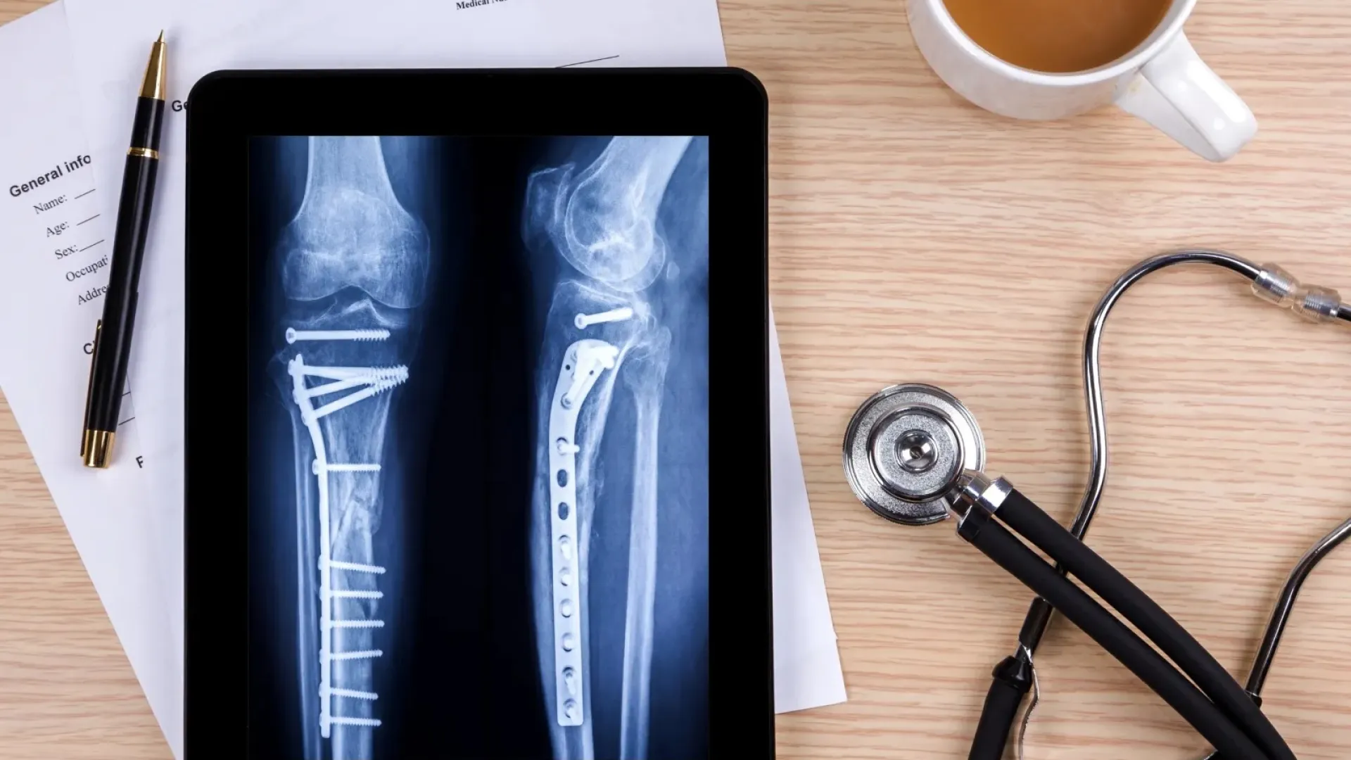 X-ray images of a leg with surgical metal plates and screws displayed on a tablet beside a stethoscope and coffee cup.