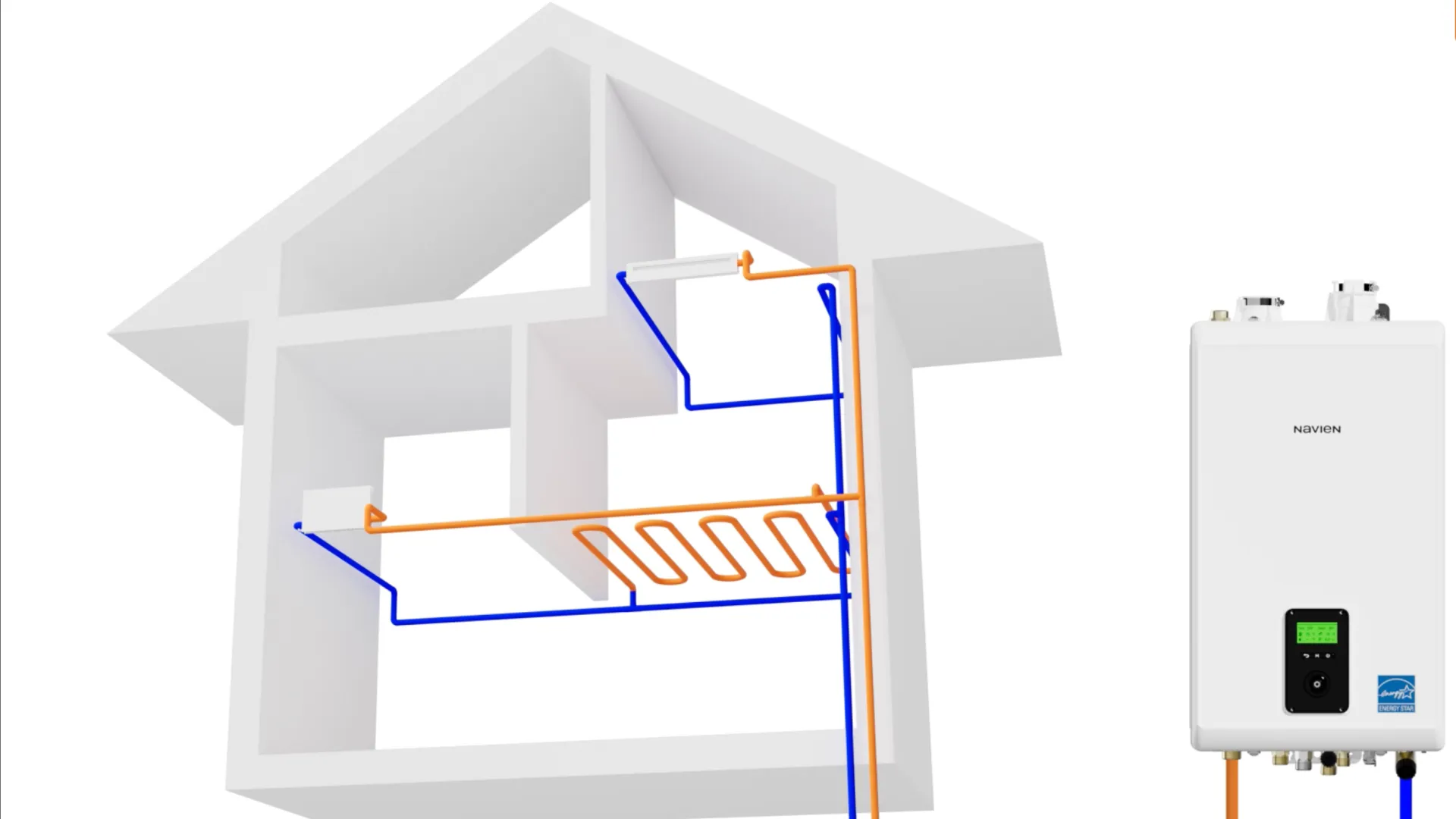 Illustration of a home with plumbing and a Navien tankless water heater.