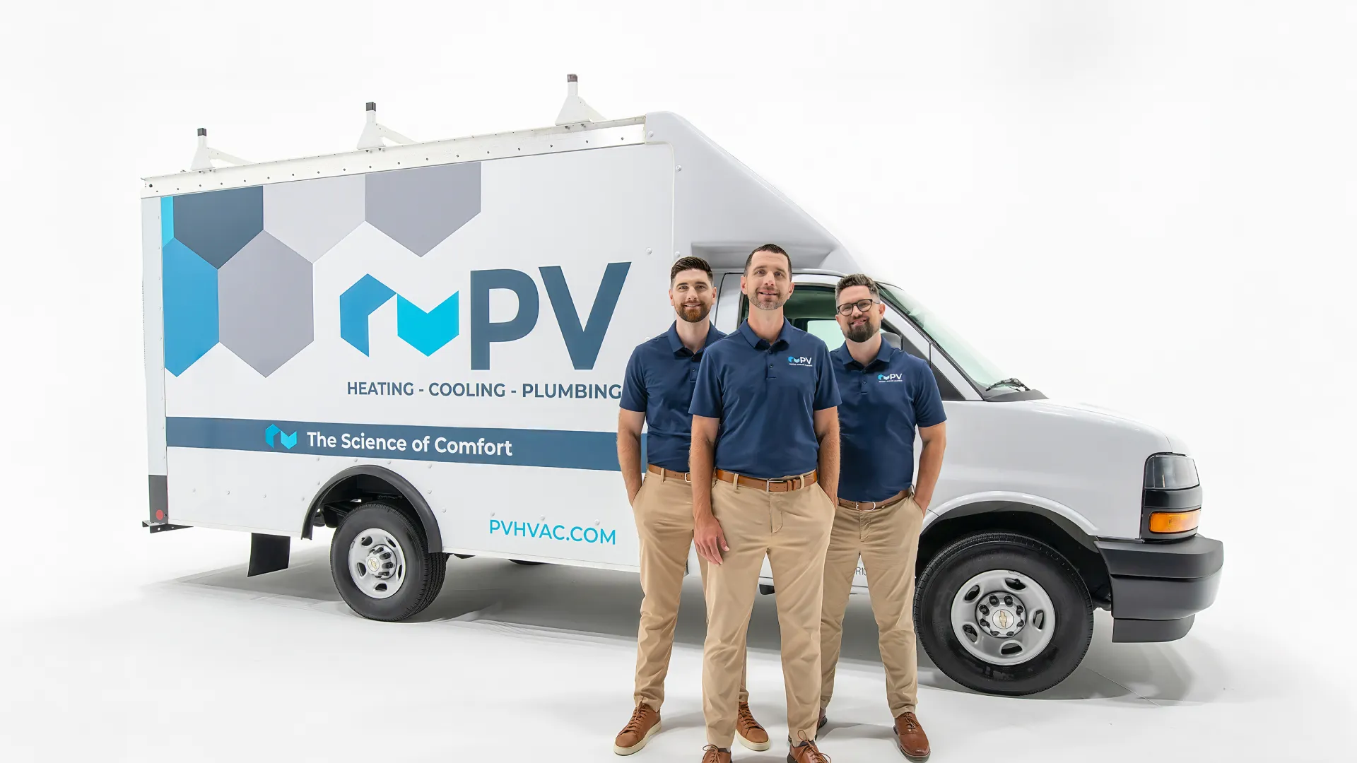 Three HVAC professionals in uniform standing in front of a branded PV Heating, Cooling, Plumbing service van.