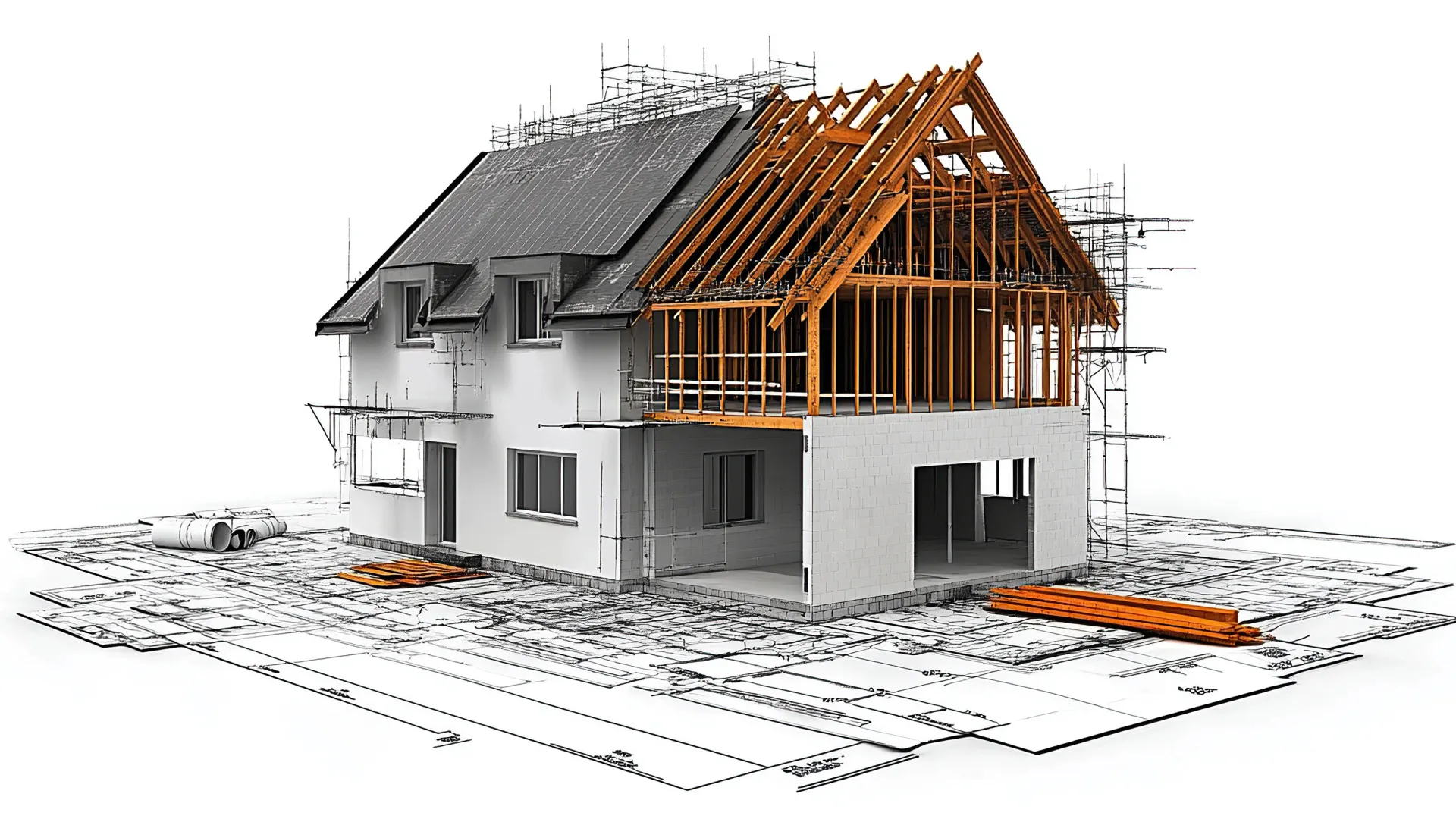 3D house construction model with wooden framework and architectural blueprints on white background