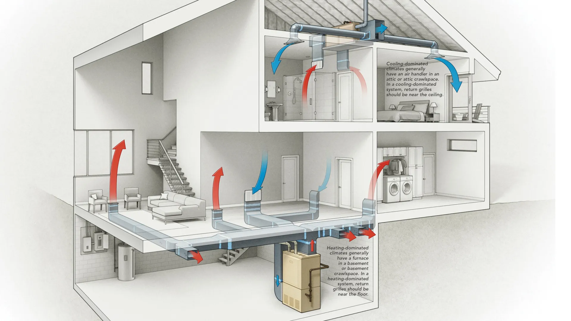 Cutaway view of house HVAC system showing airflow with ducts, heating furnace in basement, and cooling vents near ceiling.