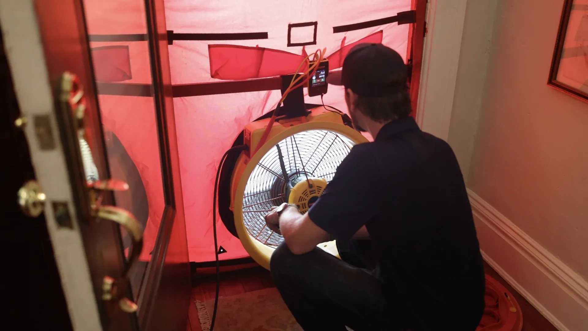 Man setting up large blower fan inside inflatable red air quality testing tent at home doorway.