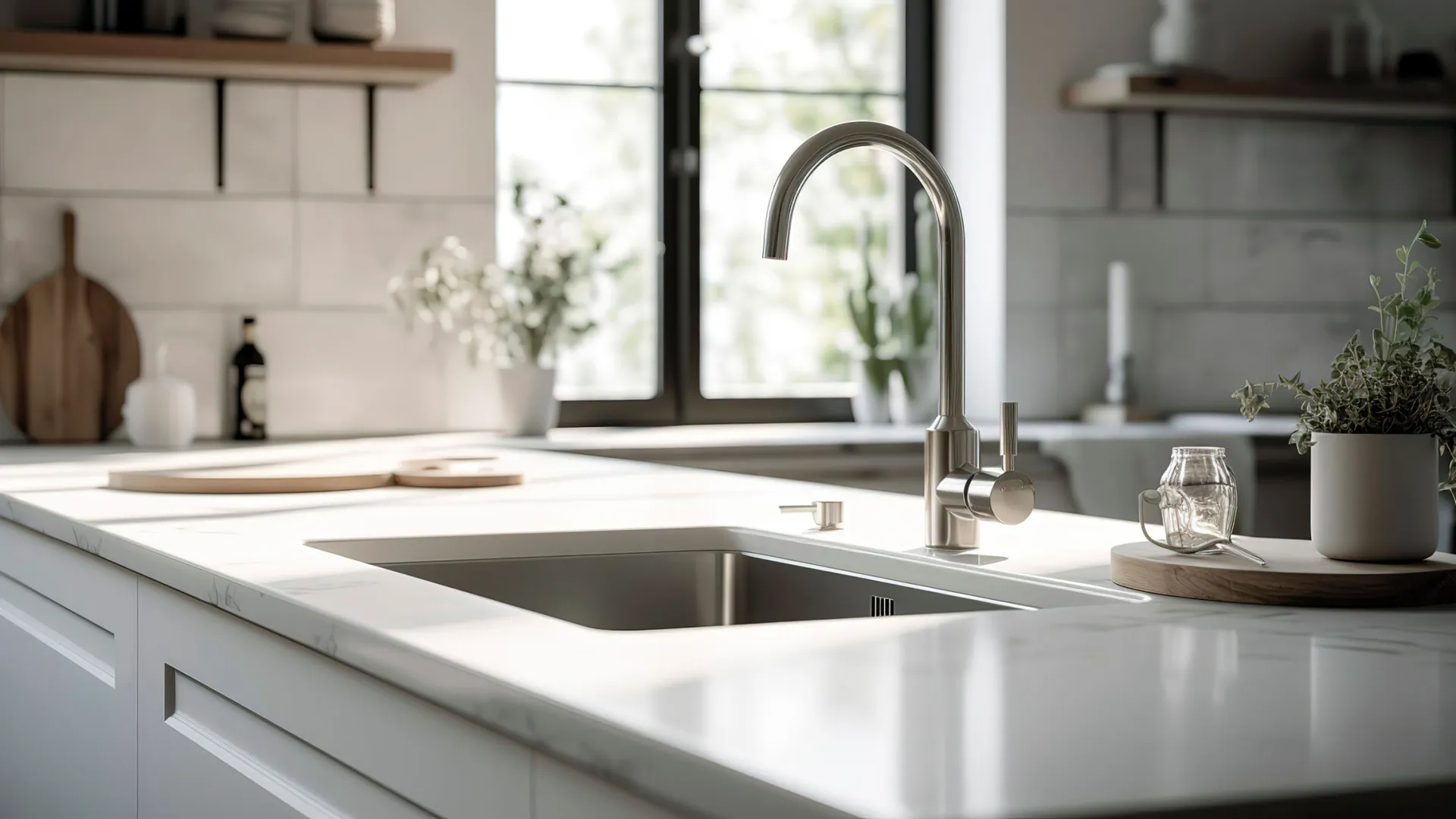 Modern white kitchen countertop with a stainless steel sink and sleek faucet under natural light.