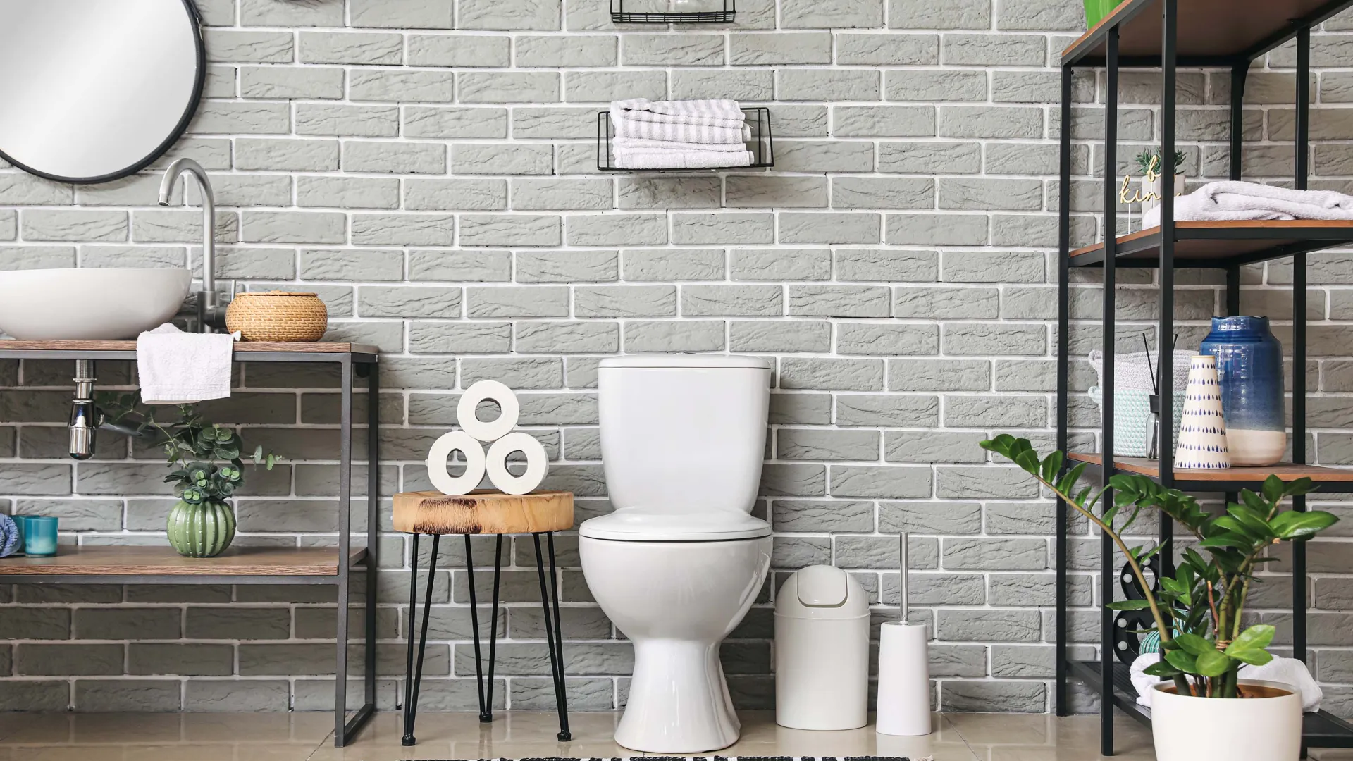 Modern bathroom with white toilet, black and white rug, sink, shelves, plants, and round mirrors on gray brick wall.