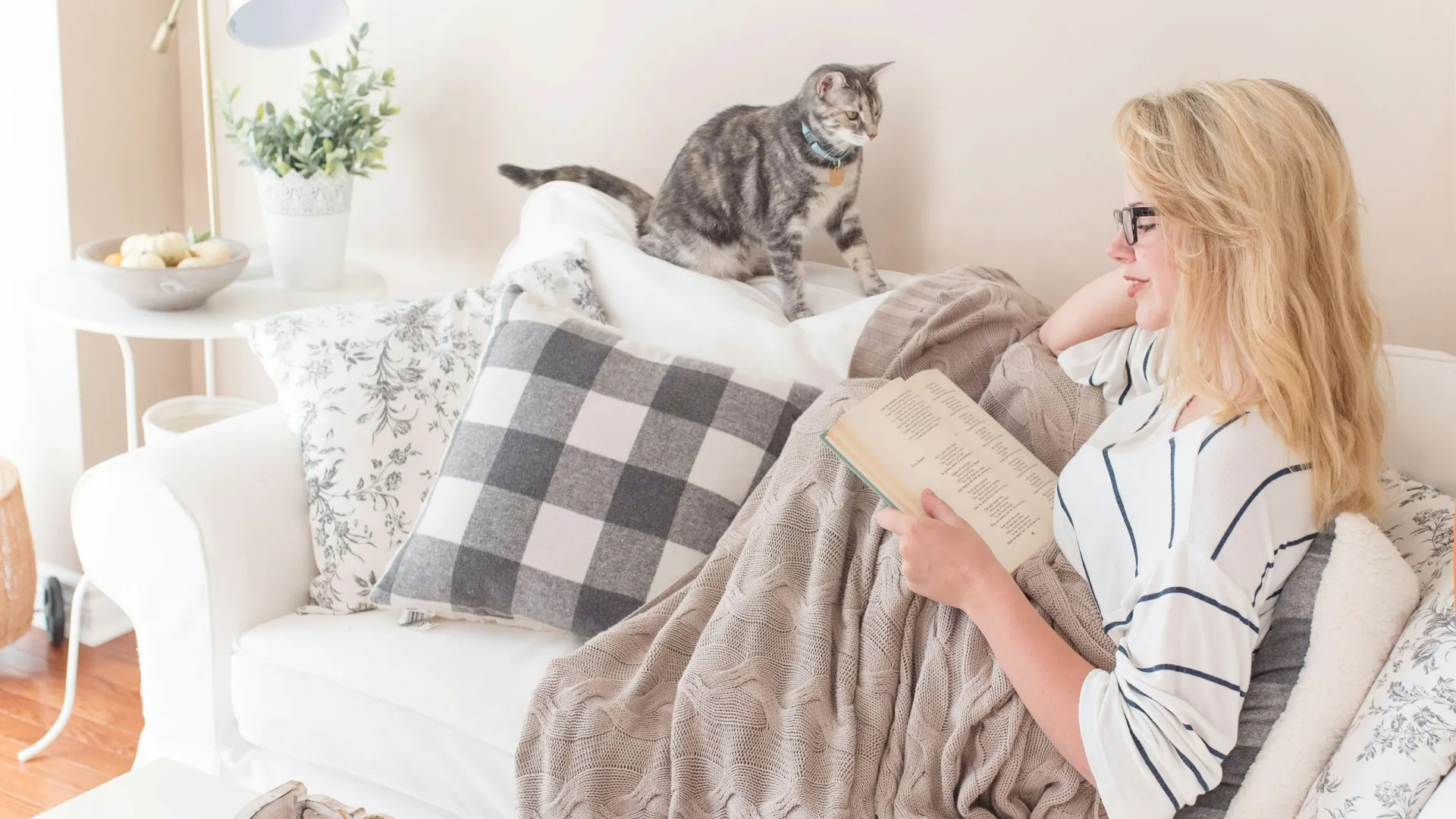 Woman reading a book on a white couch with a gray cat and cozy autumn decor including pumpkin and blanket