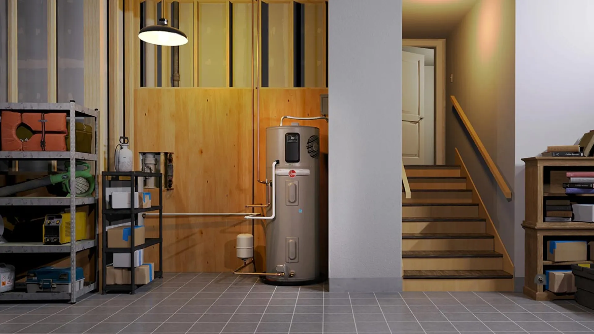 Modern basement showcasing a hot water heater, shelves, and a staircase, with warm lighting and unfinished walls.