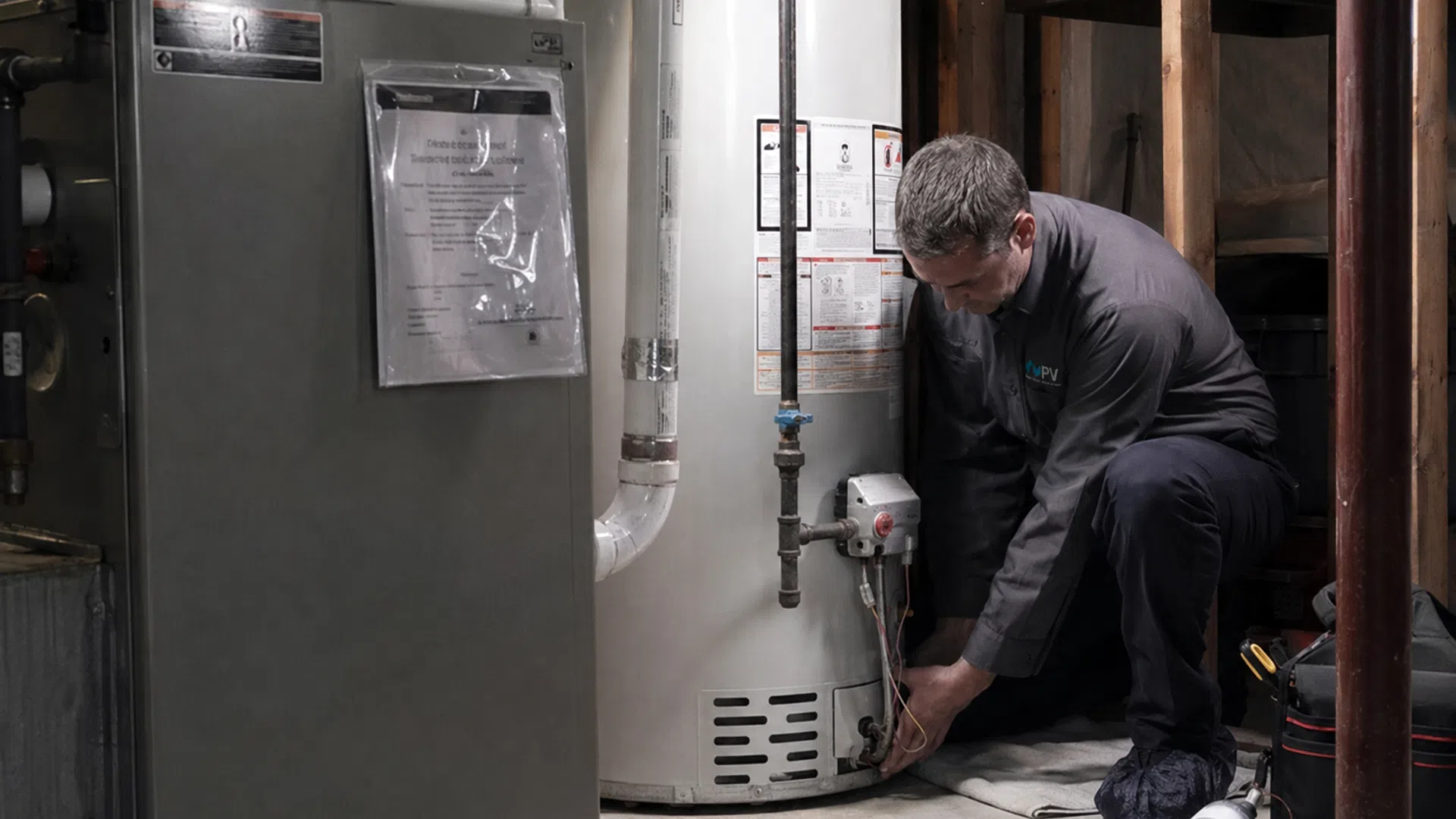 Technician repairing a water heater in a basement, kneeling and adjusting the appliance's control panel.