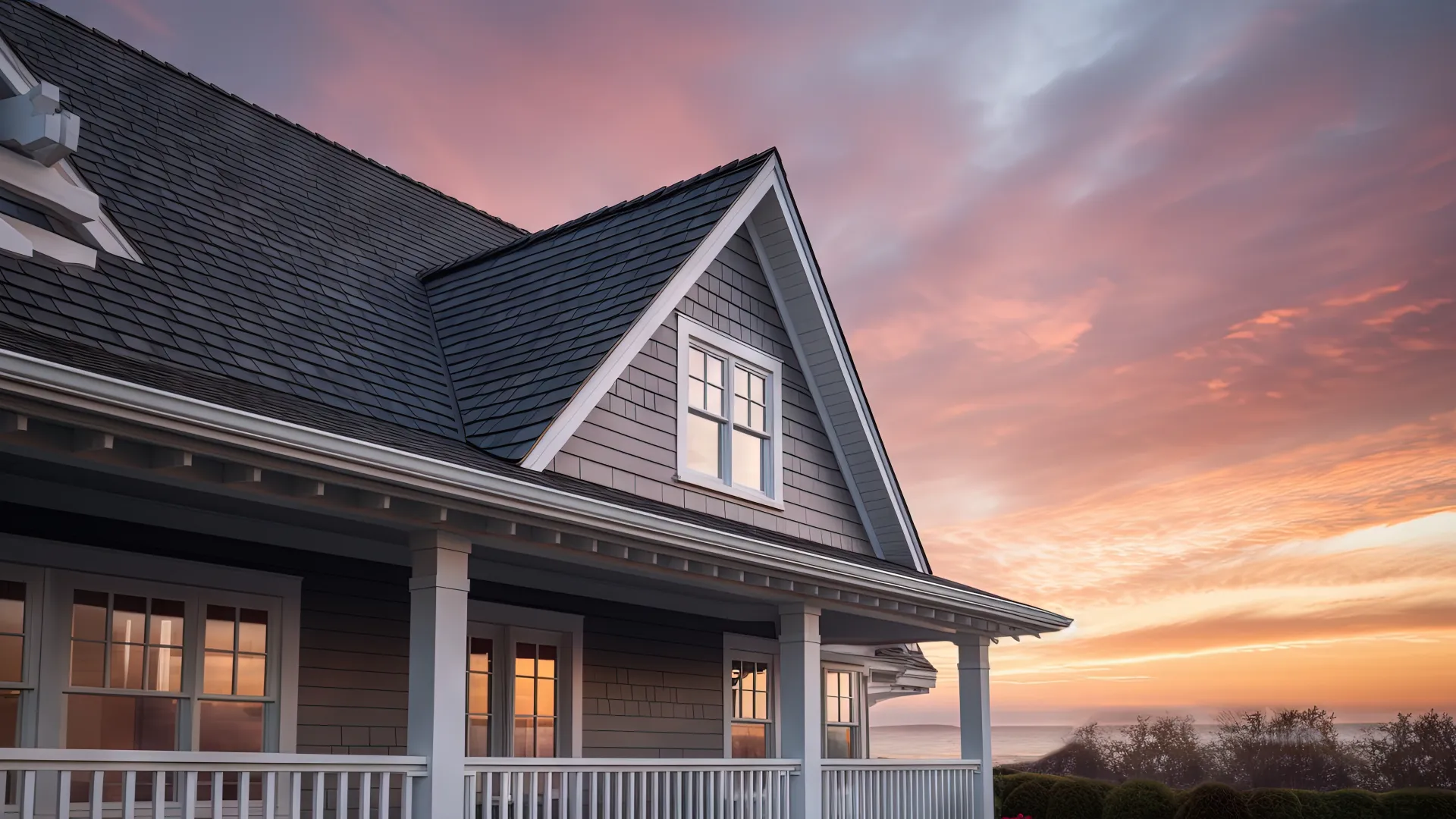 a house with a sunset in the background