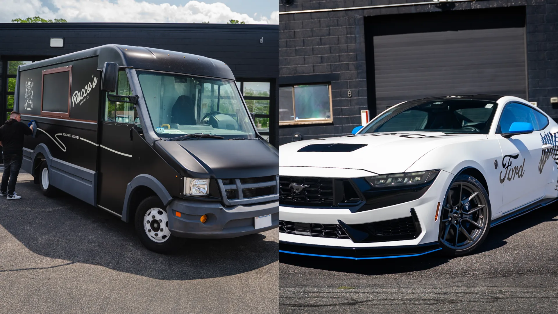 Black food truck and white Ford Mustang parked side by side in an urban parking lot under blue sky.