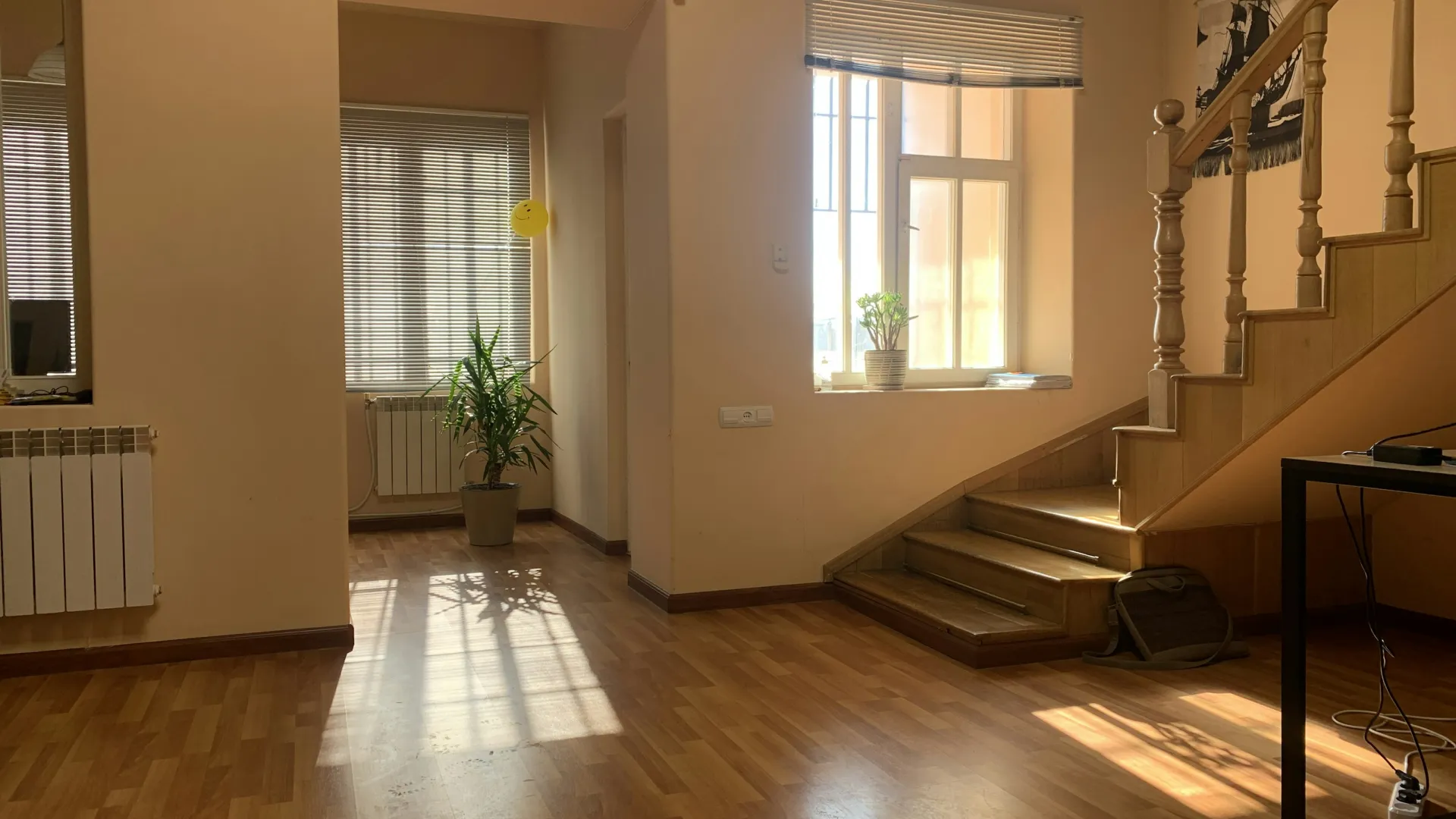 Sunlit room with wooden floor, staircase, indoor plants near windows, and a table with electronic cables.