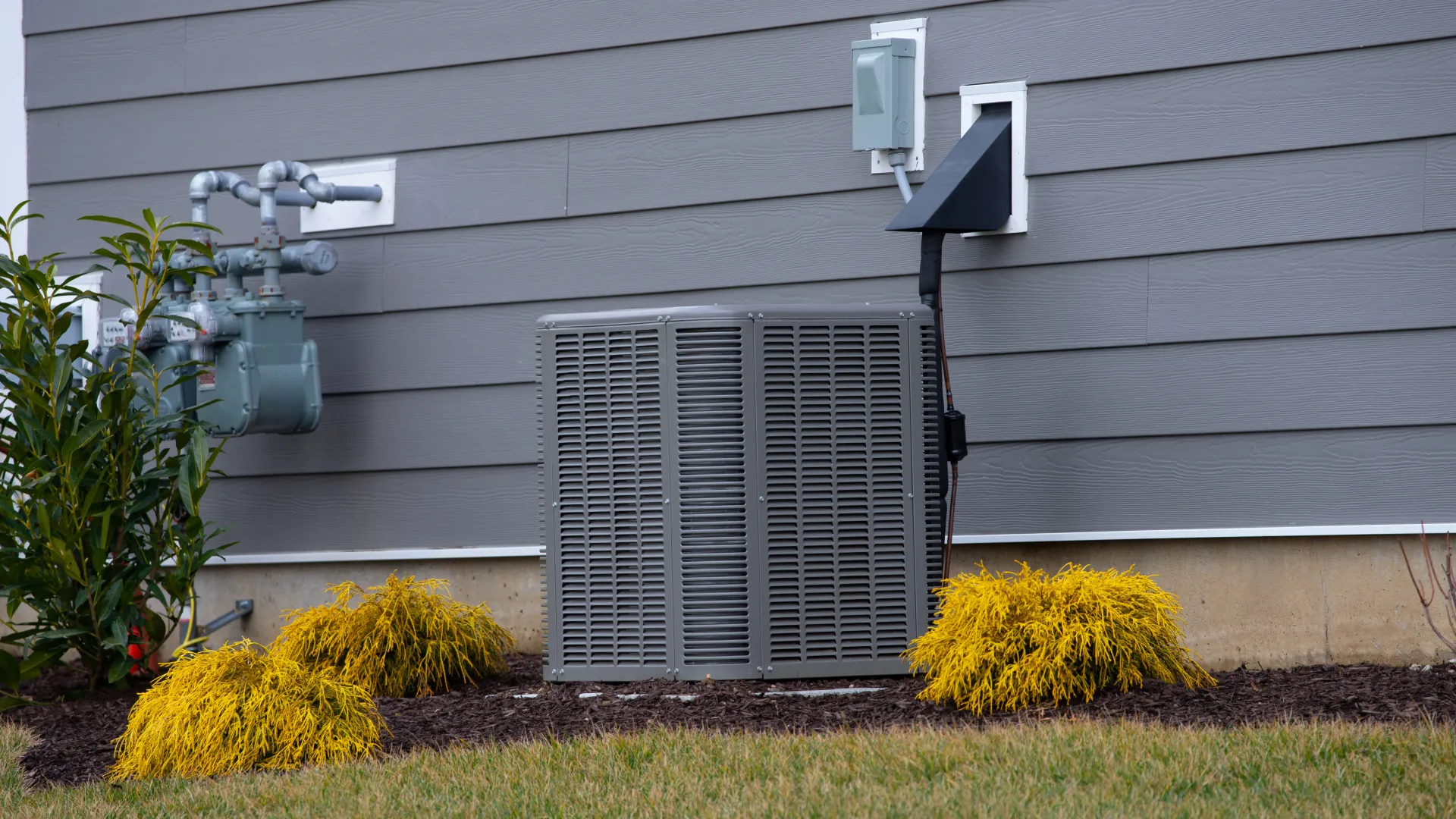 Outdoor air conditioning unit beside gray house siding with yellow shrubs and grass lawn