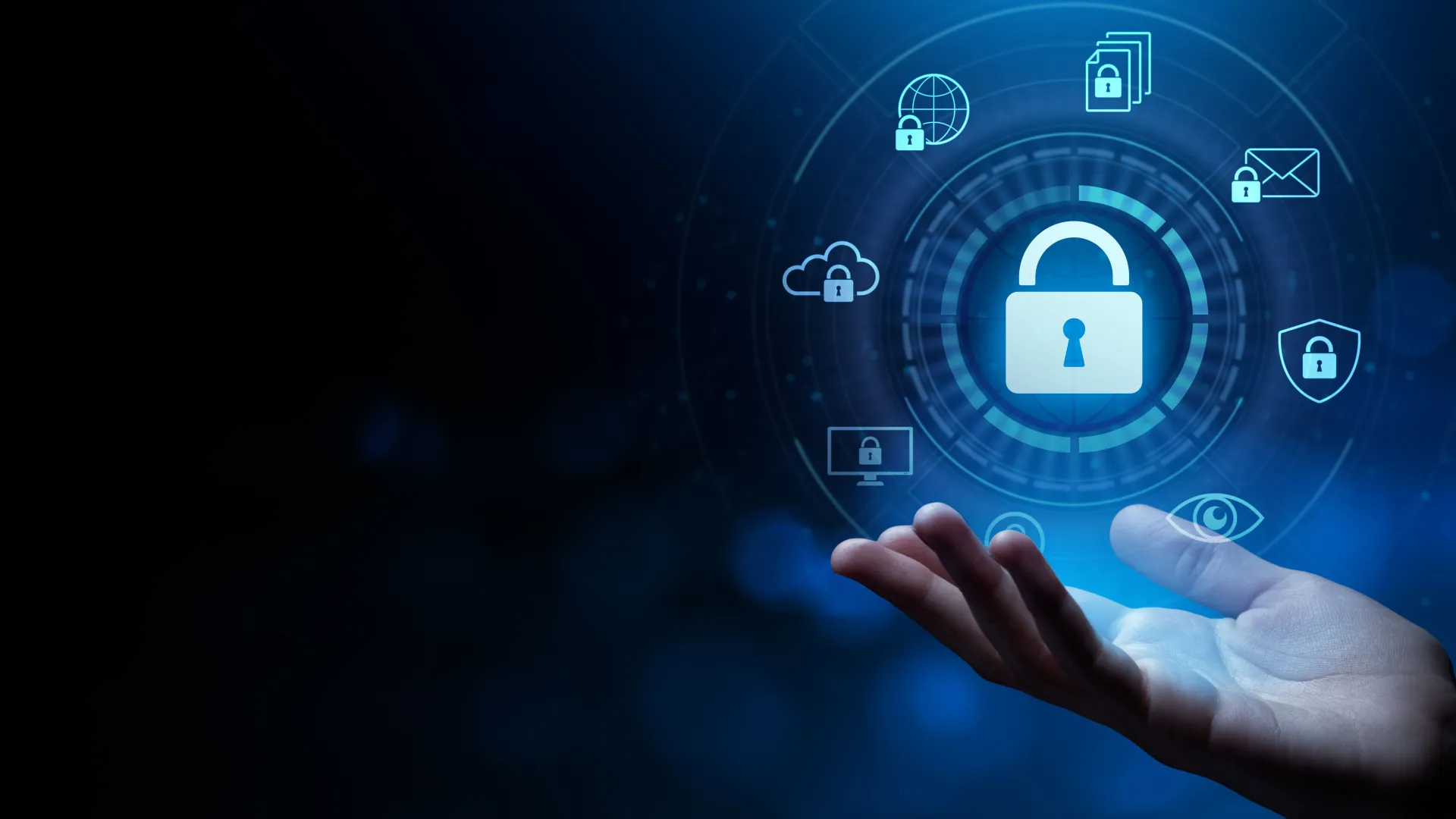 Hand holding digital security icons with a central lock symbolizing cybersecurity and data protection.