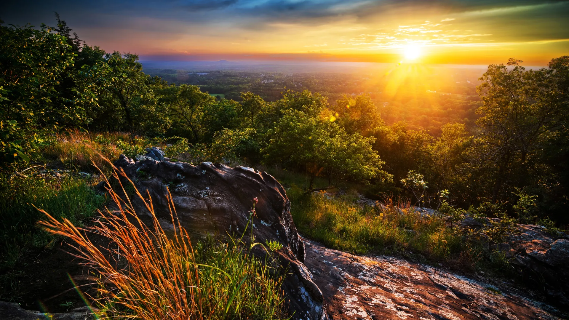 Sunset over rocky hill with green trees and glowing golden sunlight illuminating the landscape and sky.