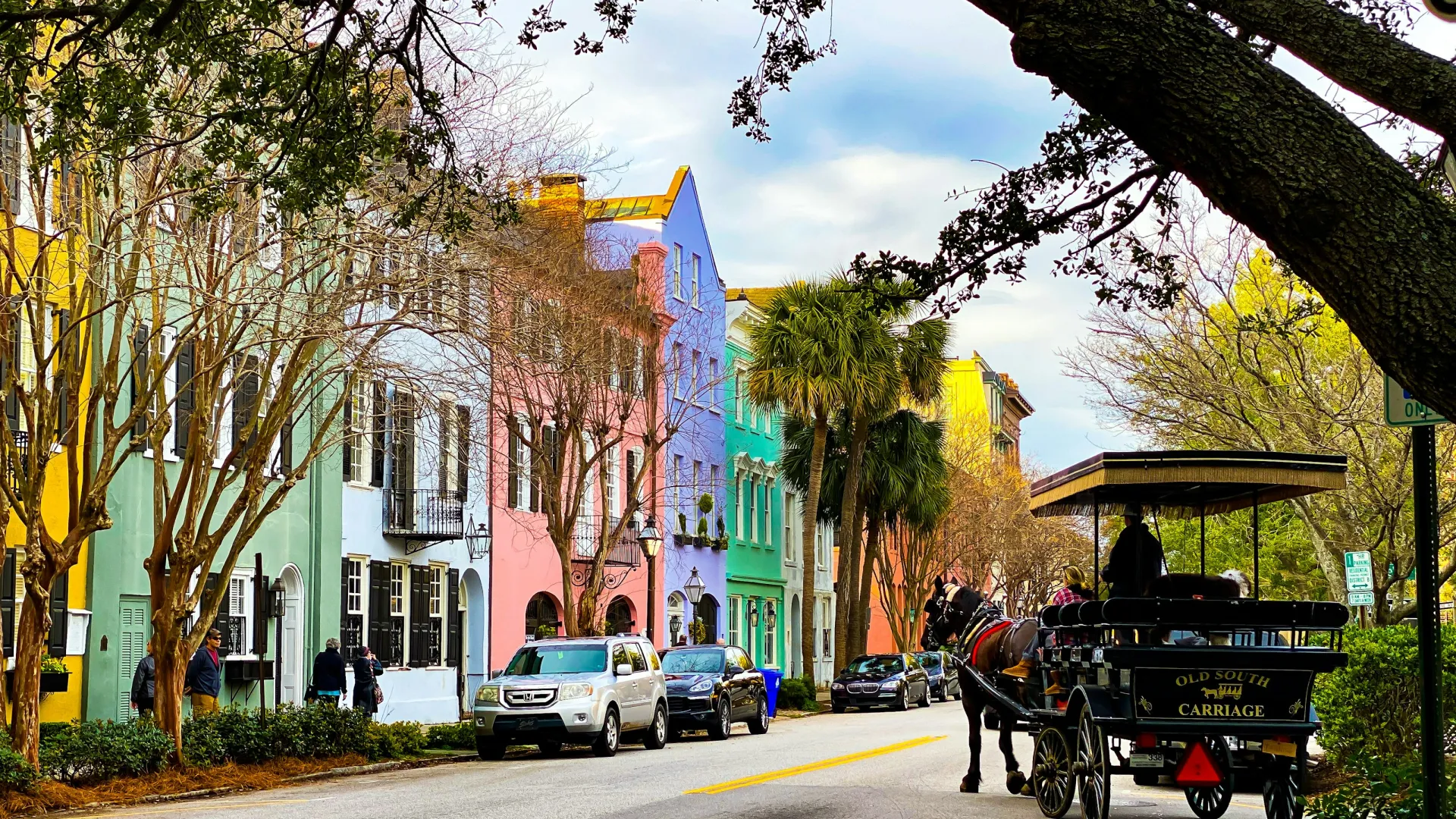 a horse carriage on the street with colorful houses in Charleston