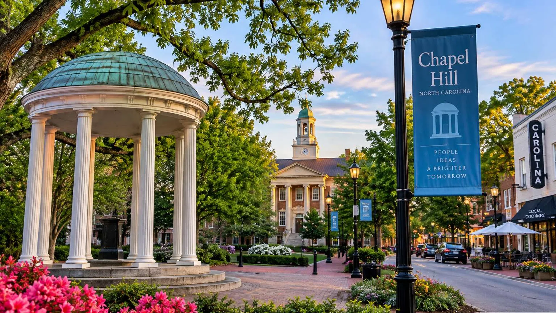 Historic Old Well at University of North Carolina Chapel Hill campus with greenery and campus buildings at sunset