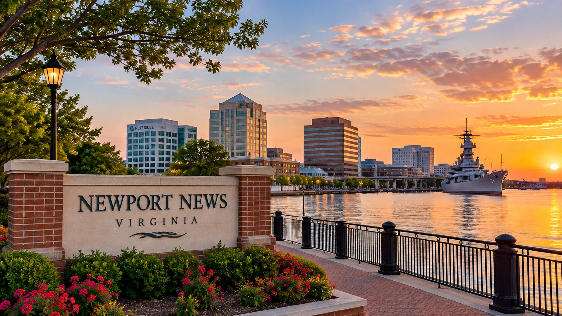 Sunset view of Newport News Virginia waterfront with city skyline, naval ship, flowers, and walkway along the river.