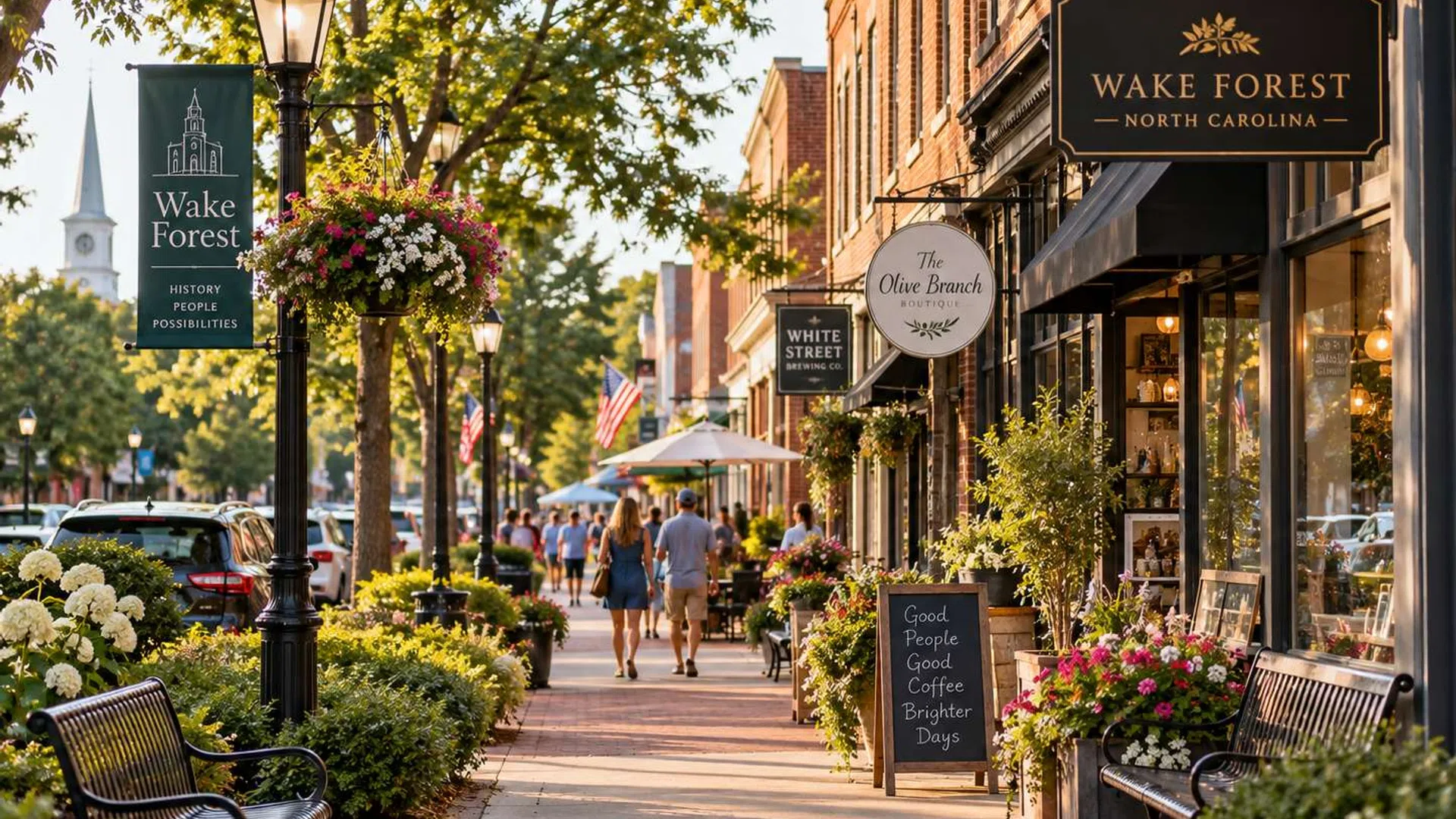 Charming downtown Wake Forest street with shops, pedestrians, flowers, and outdoor seating in warm sunlight.