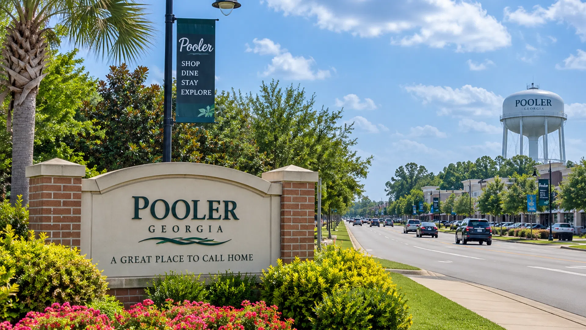 Entrance sign to Pooler, Georgia with flowers, trees, a water tower, and a busy road under a blue sky.