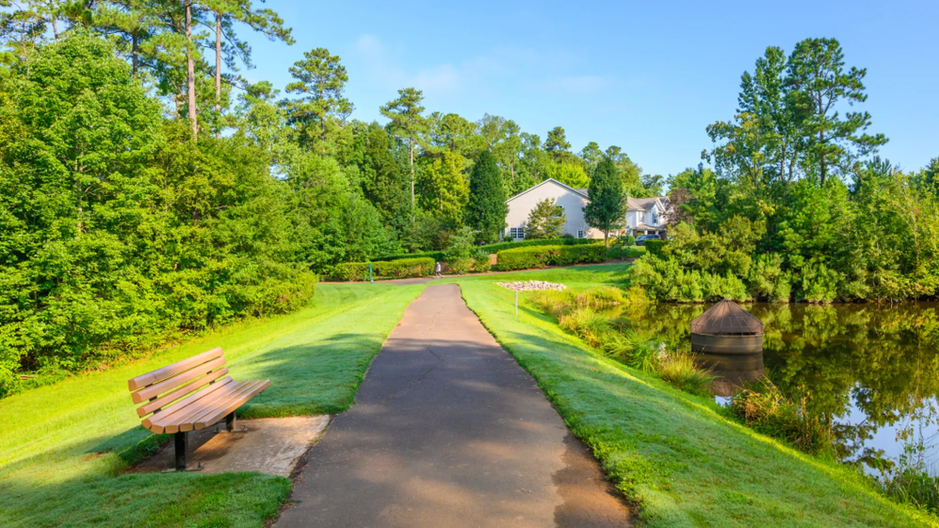 Paved pathway with bench alongside pond surrounded by green trees and distant residential houses on a sunny day