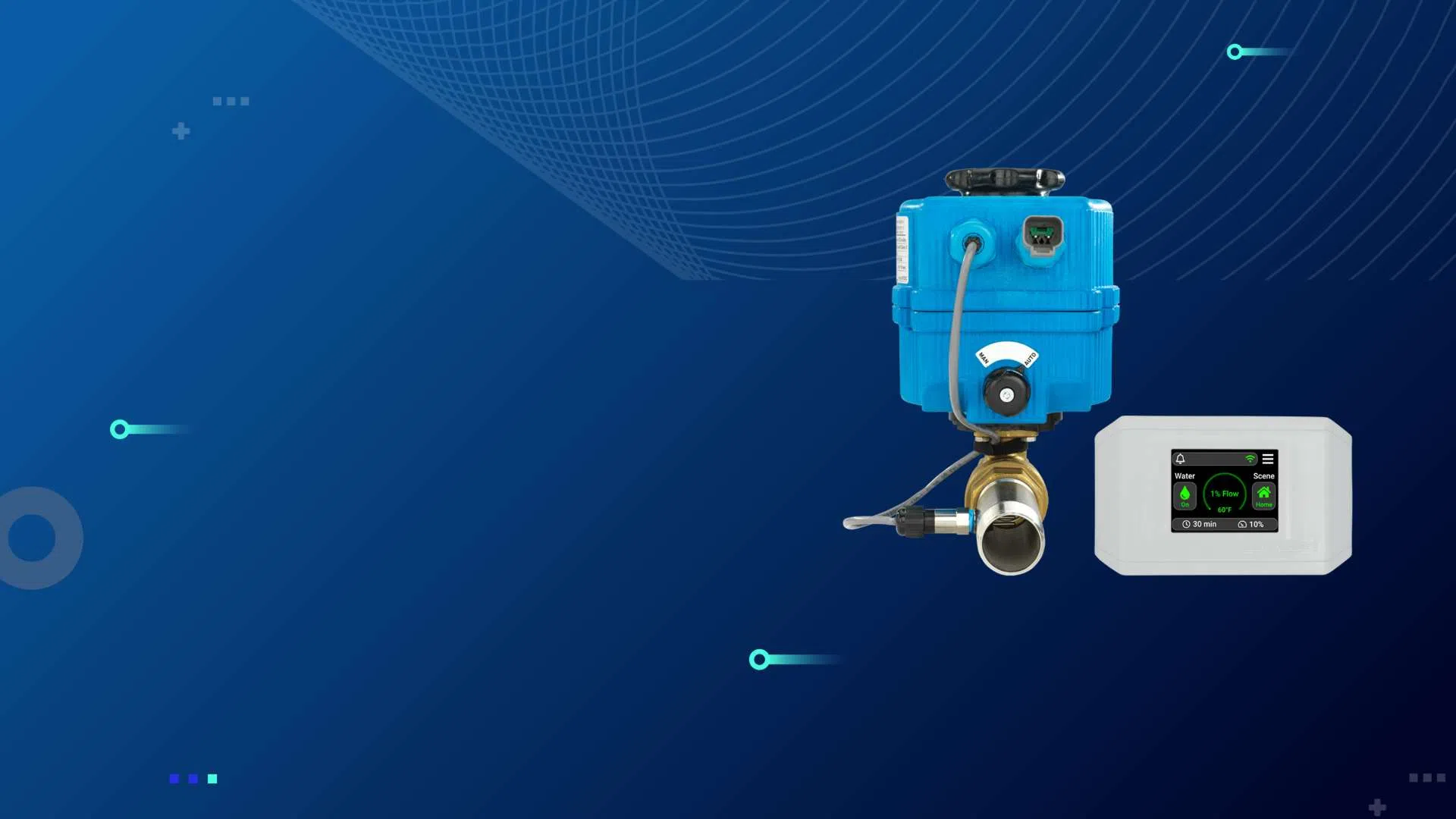 Blue industrial valve with digital control panel on a blue background with network grid design.