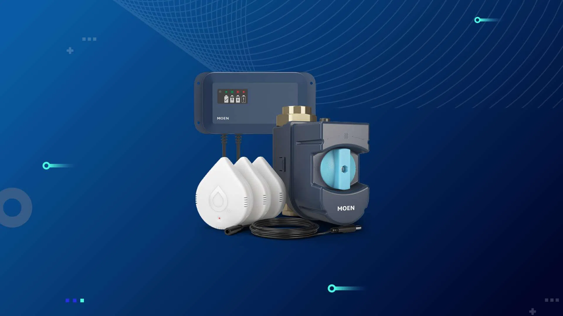 Moen smart water monitoring system components with sensors and control unit on blue tech background