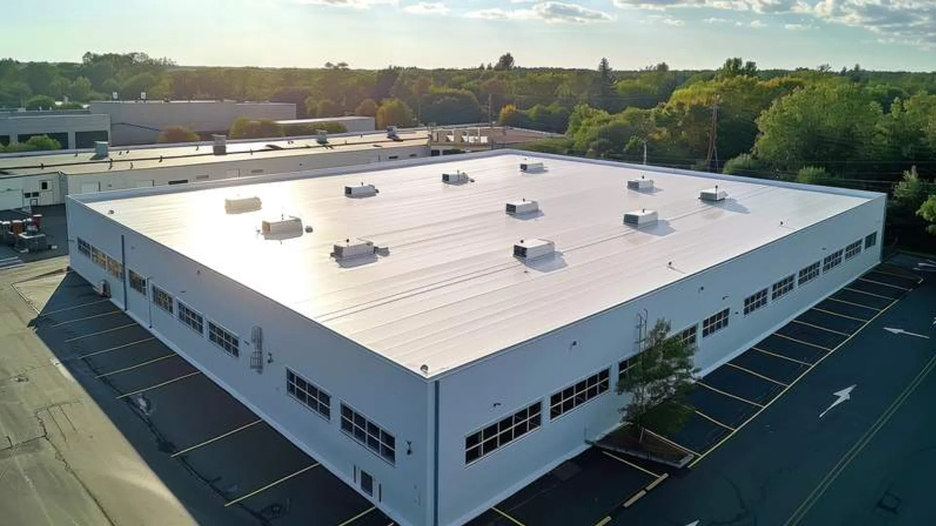 A large industrial warehouse with a white roof and multiple rooftop vents surrounded by trees and parking spaces.