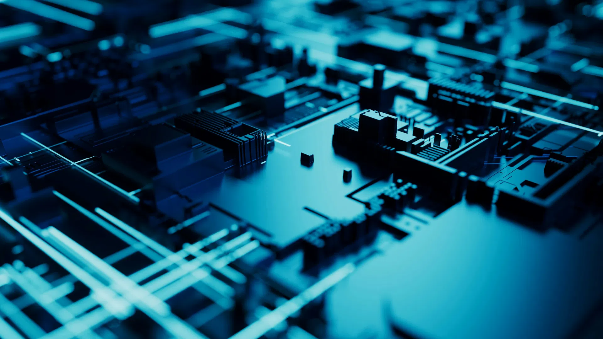Close-up of a blue glowing circuit board with intricate electronic components and pathways under low light