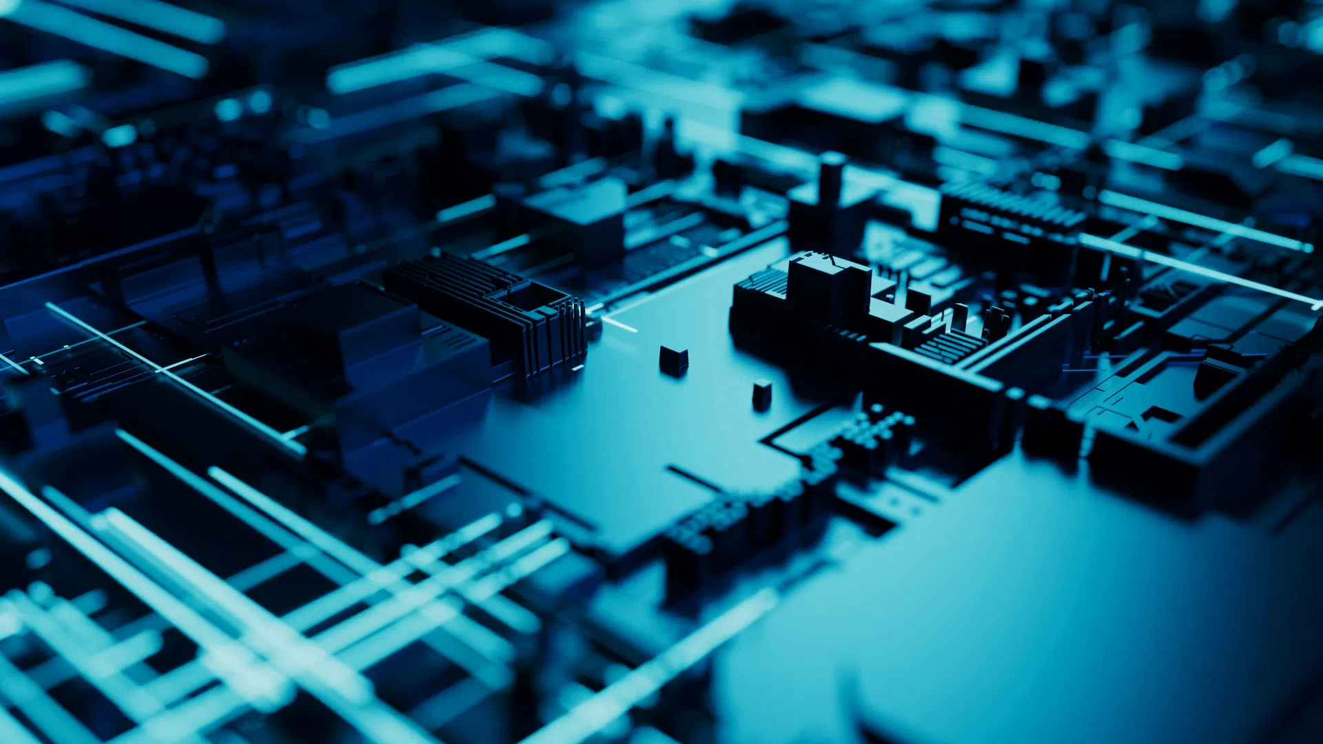 Close-up of a blue glowing circuit board with intricate electronic components and pathways under low light