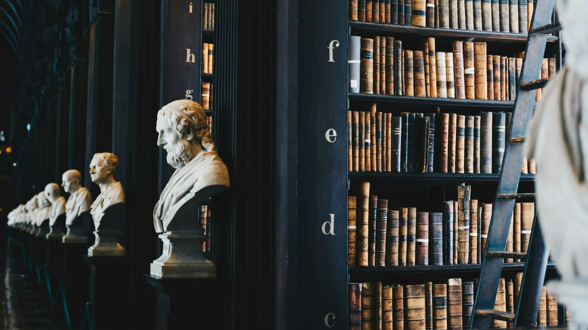a group of statues in a library