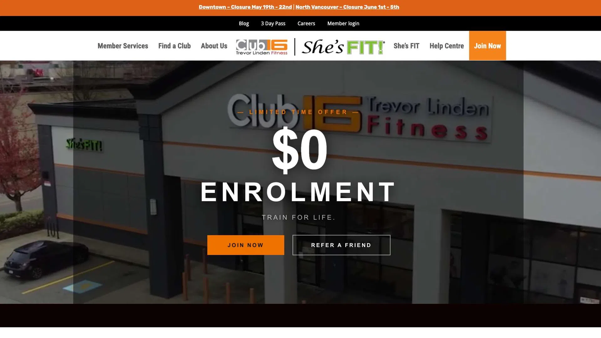 Exterior view of Trevor Linden Fitness gym with $0 enrollment promotion and join now button.
