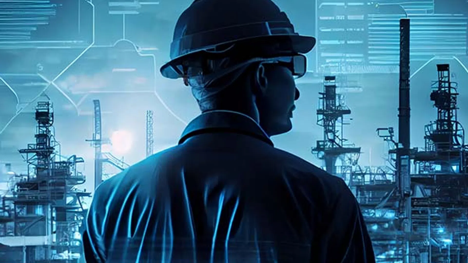 Engineer in safety helmet overlooking industrial refinery with digital data overlay and futuristic interface.