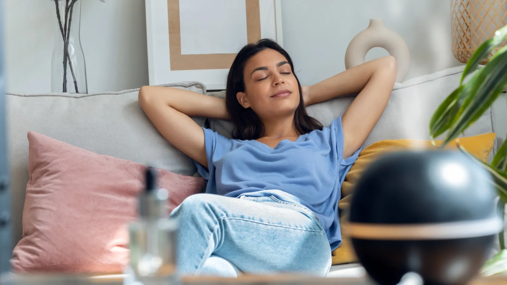 a woman sitting on a couch