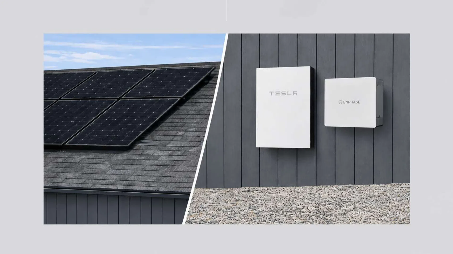 Solar panels on roof with Tesla and Enphase energy storage units mounted on grey exterior wall.
