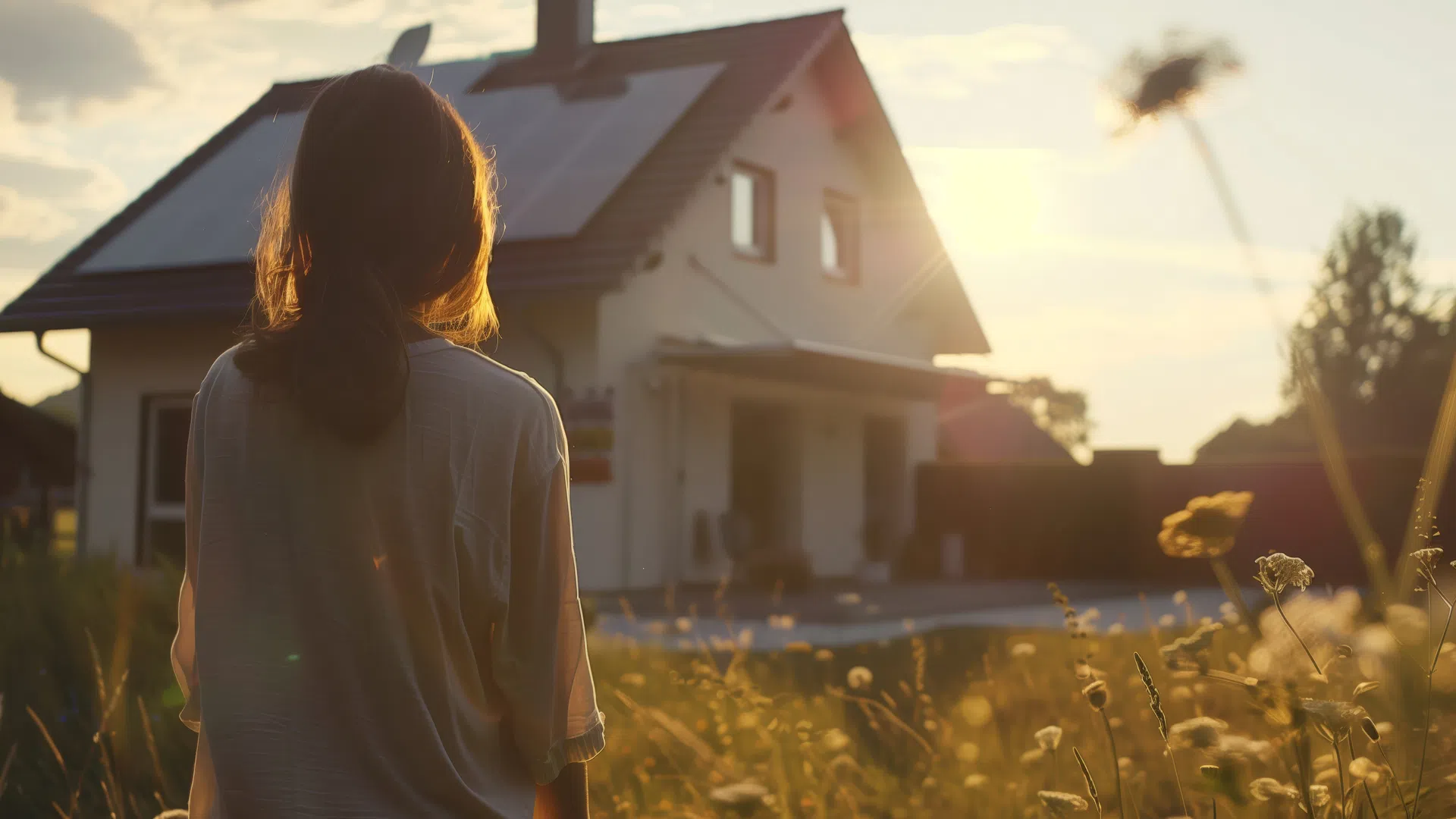 a person standing in front of a house with solar panel and battery energy storage