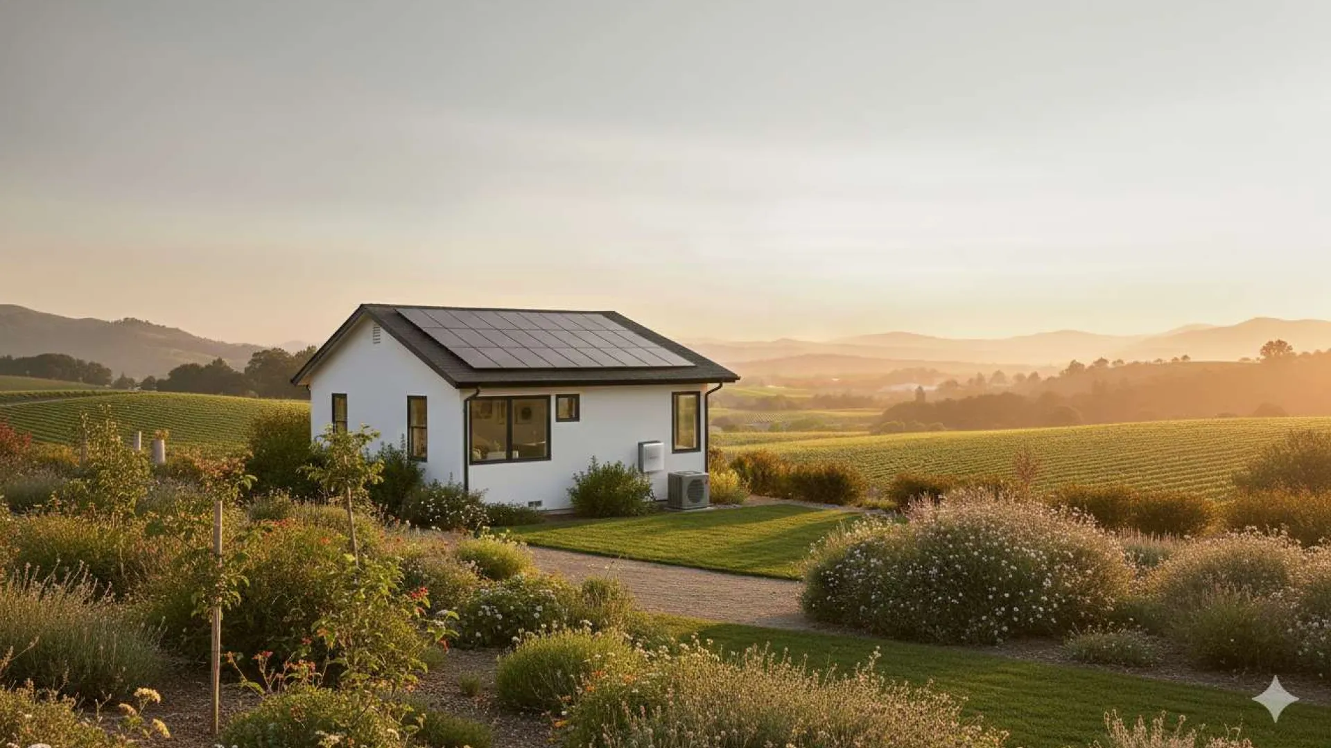 Small modern house with solar panels surrounded by lush greenery and rolling hills during sunset light.