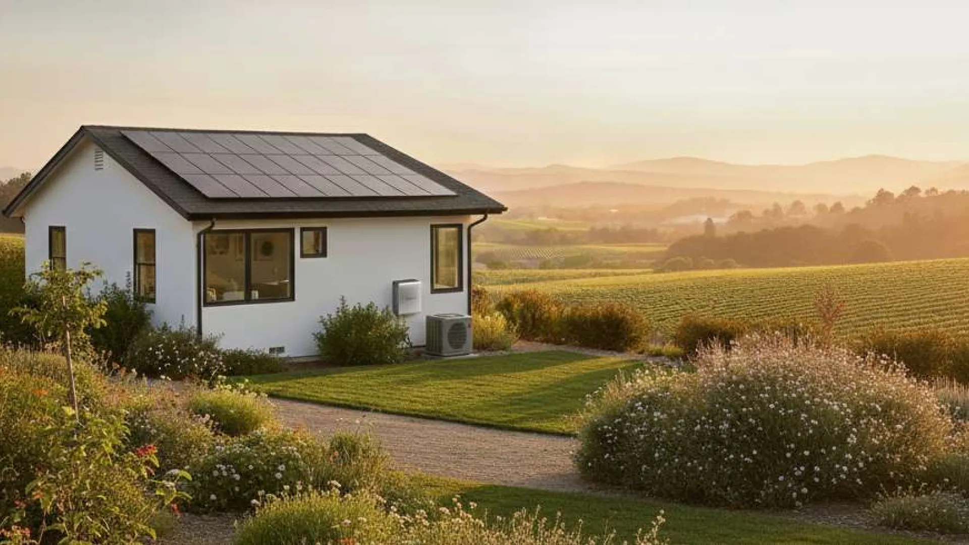 Small modern house with solar panels on the roof surrounded by green fields and soft golden sunset light.