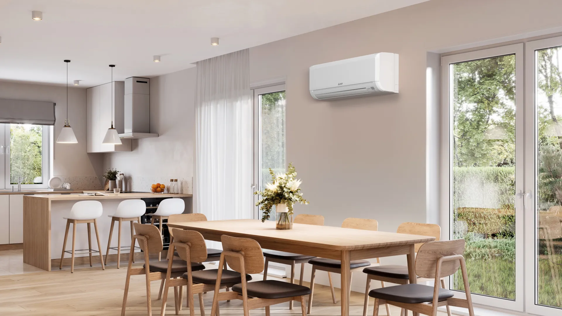 Modern open kitchen with electric heat pump heating and air conditioning HVAC