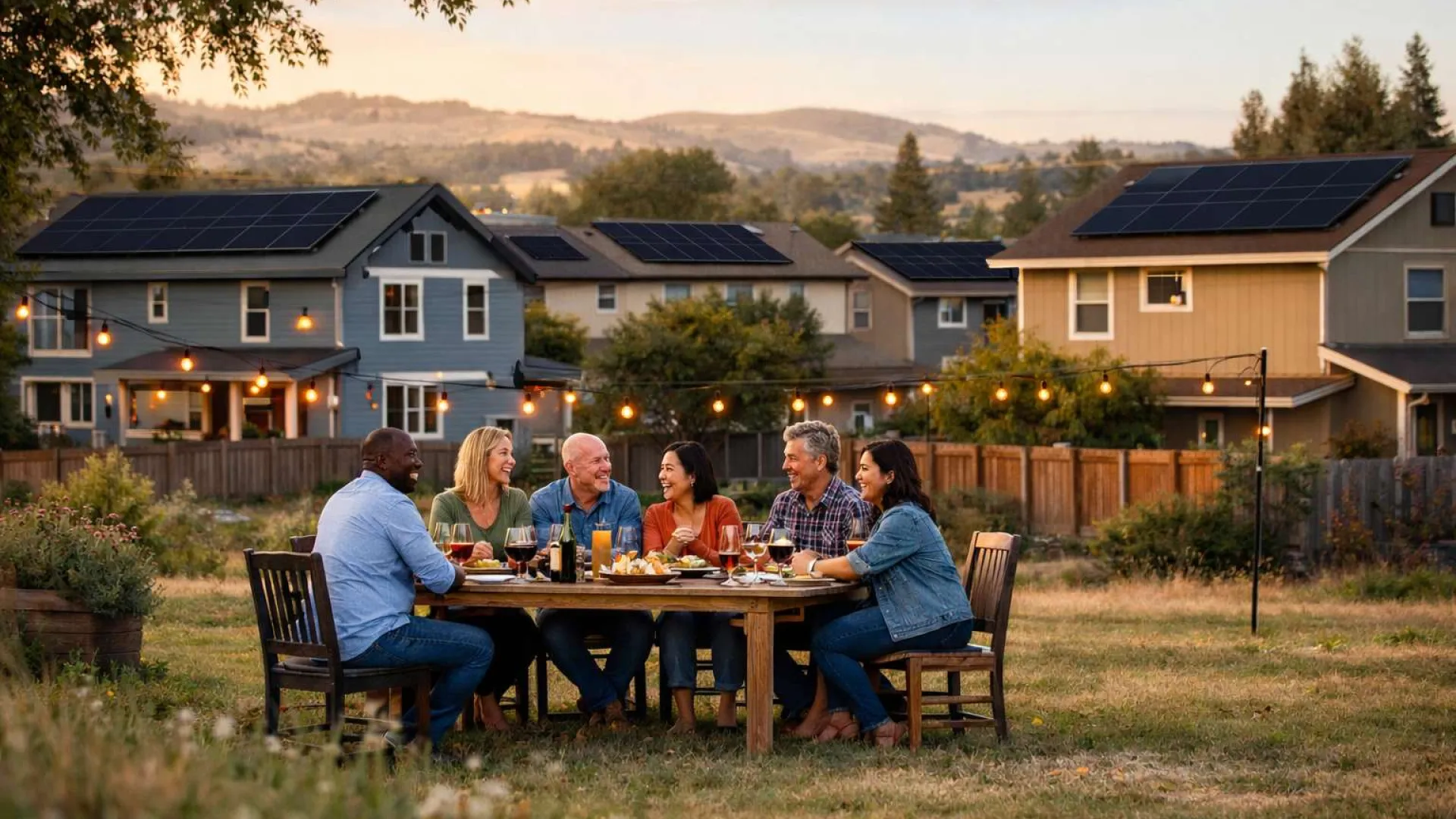 Group of diverse friends enjoying dinner outdoors in backyard with solar-paneled houses at sunset.