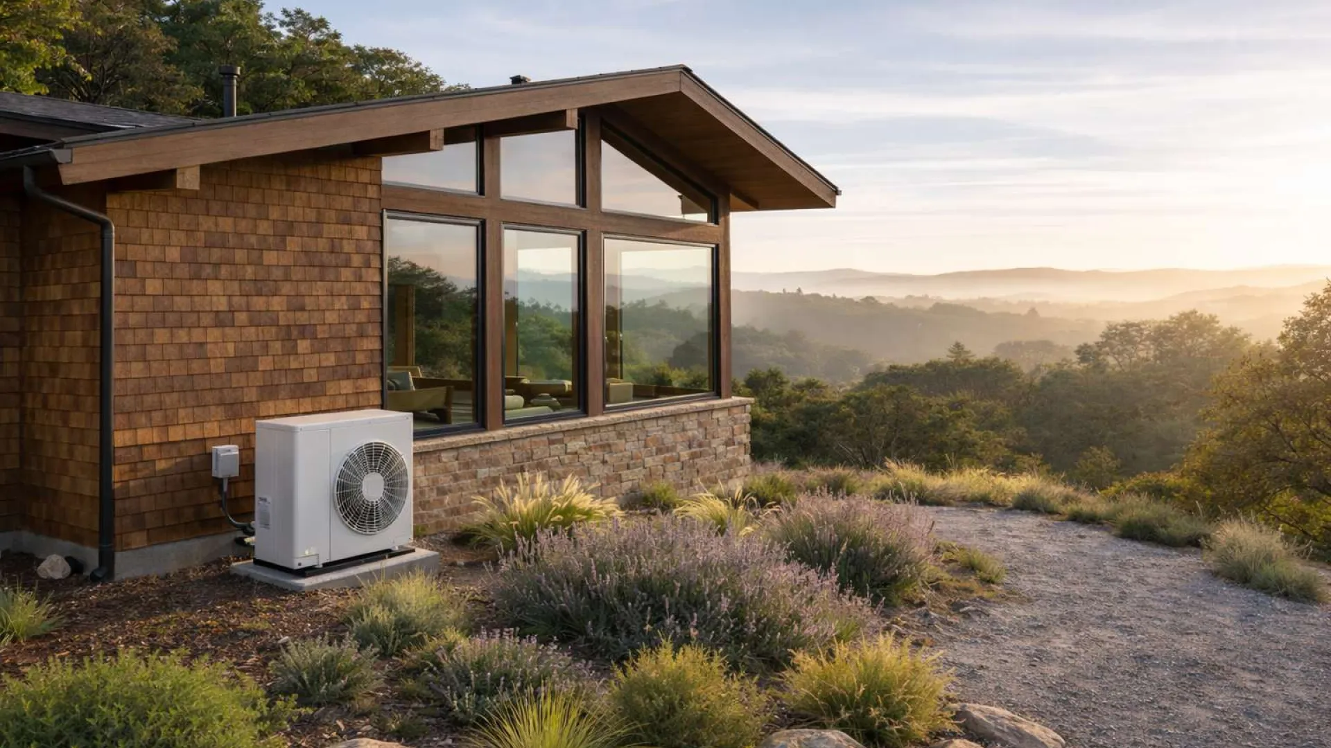 Modern house exterior in marin county with a heat pump HVAC air conditioning system
