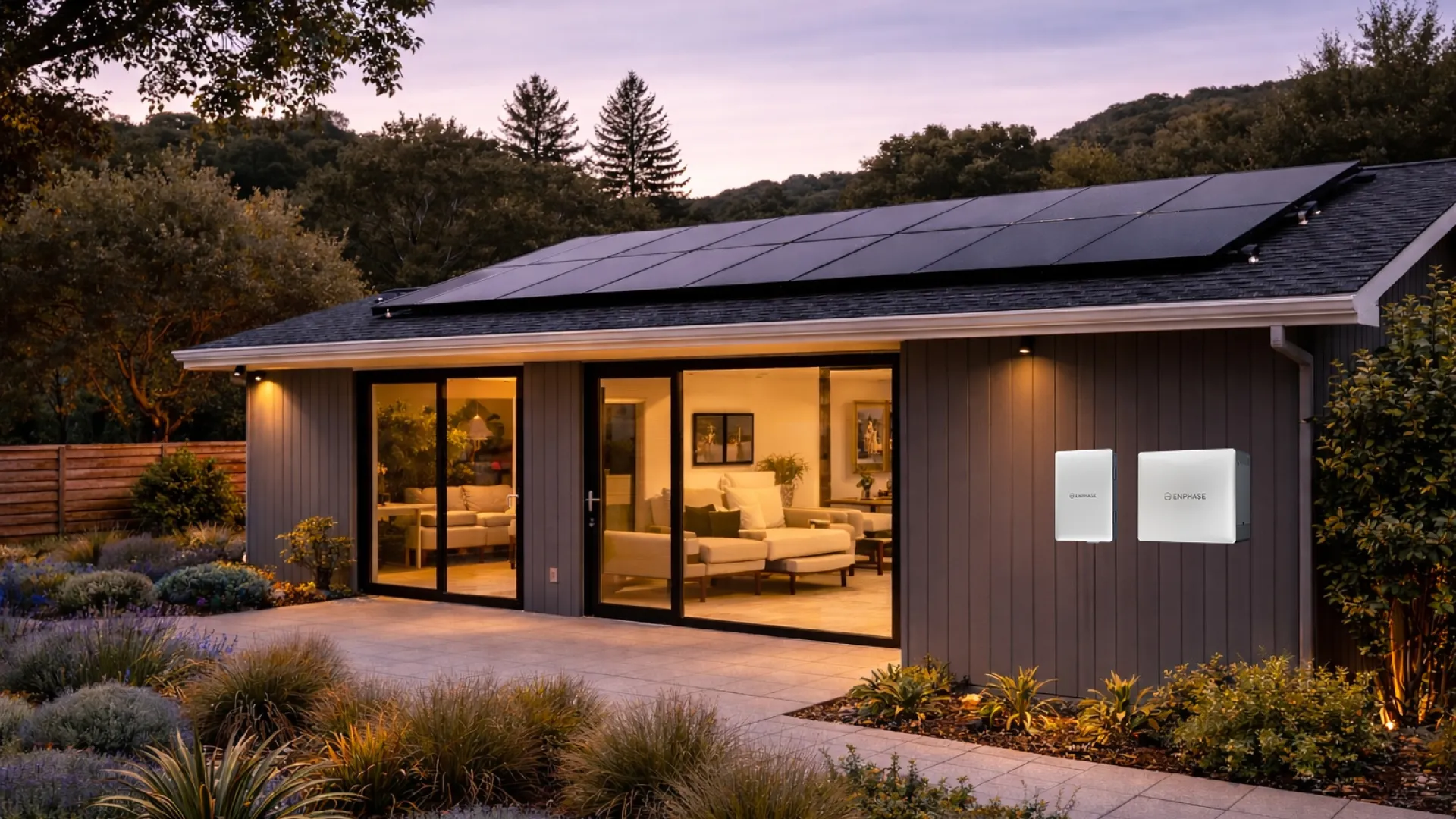 Modern house with solar panels on the roof and energy storage units on the exterior wall at twilight.