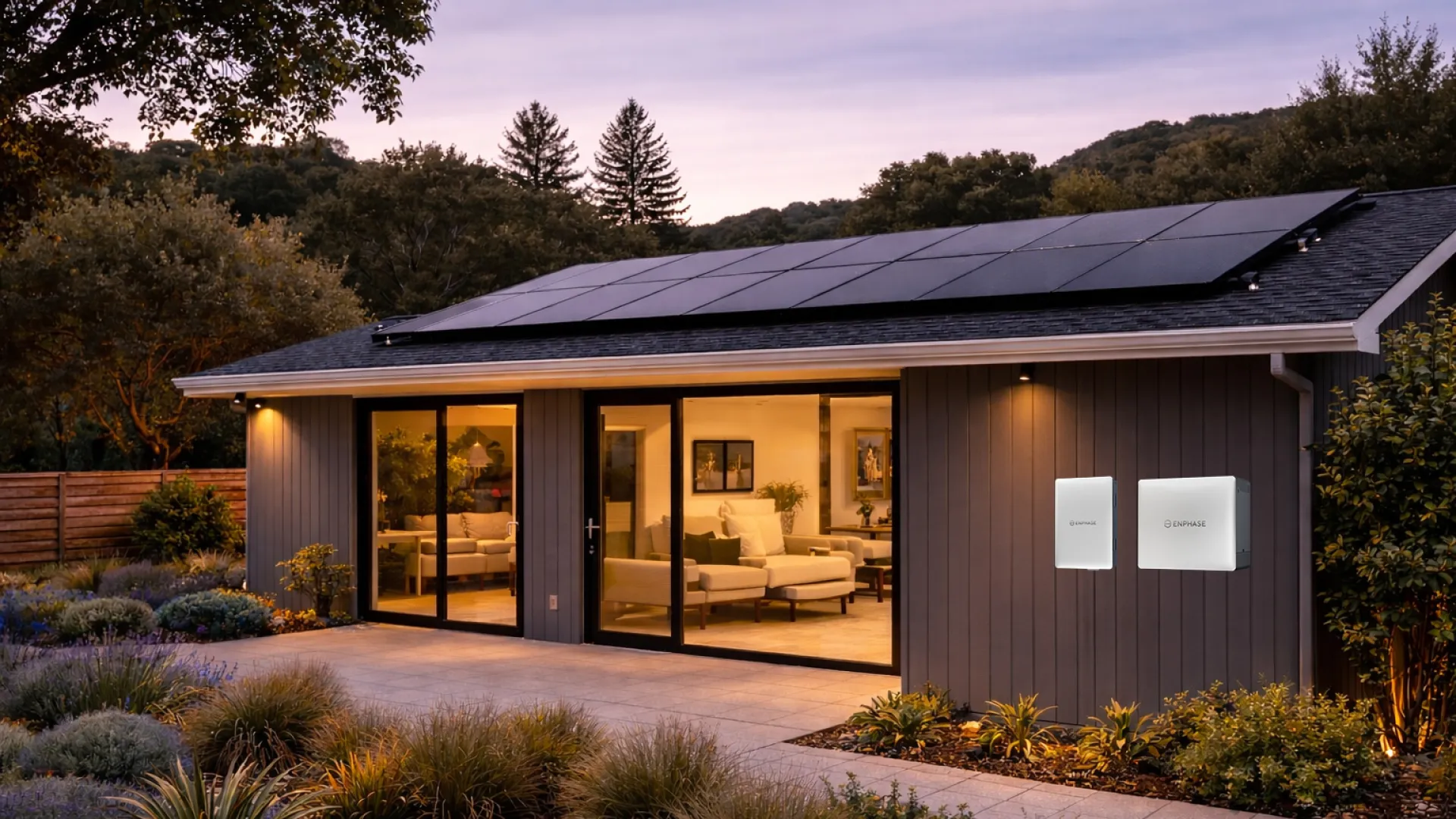 Modern home at sunset with solar panels on the roof and battery back up powering the home