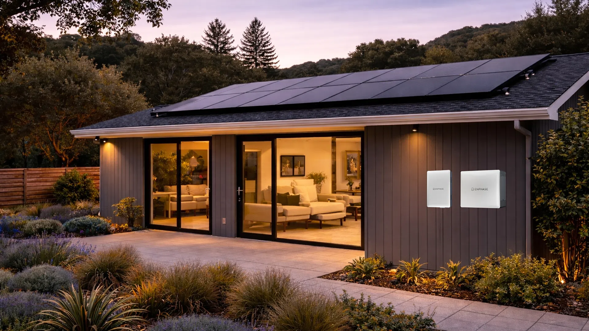 Modern home at sunset with solar panels on the roof and battery back up powering the home